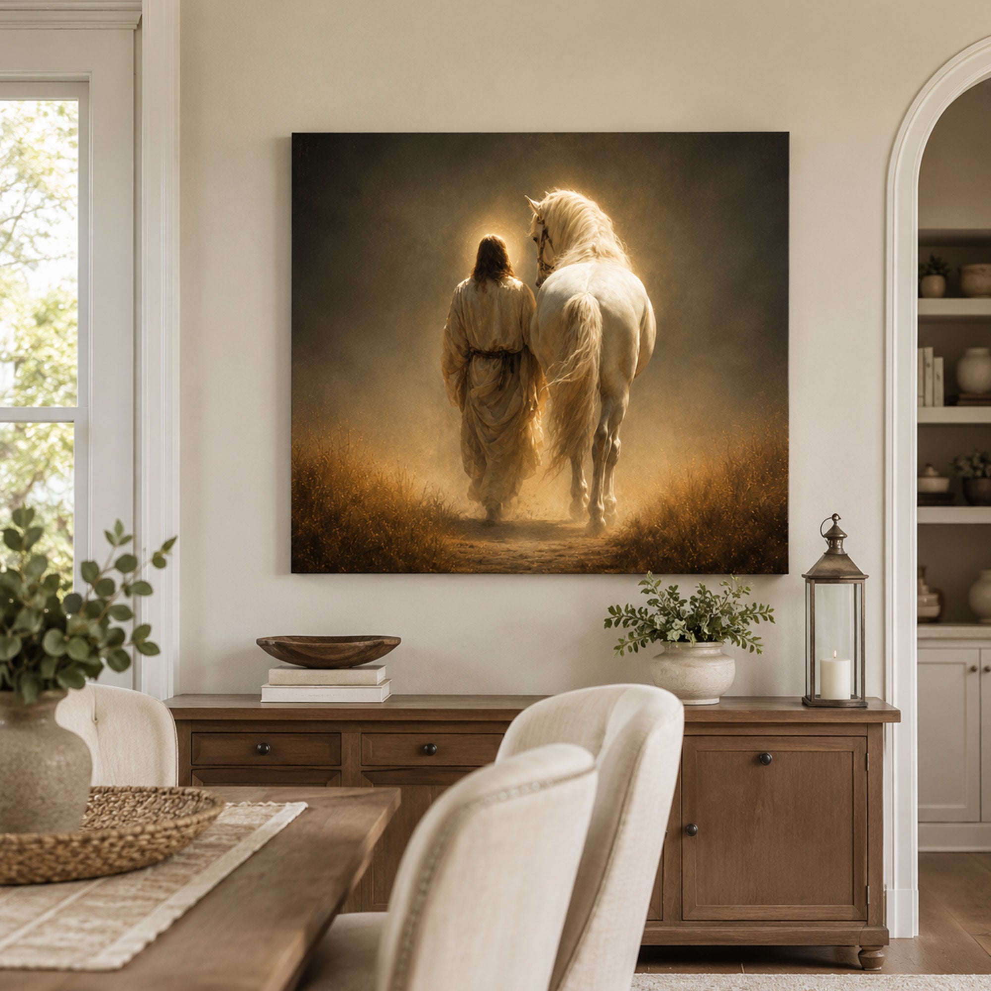 Jesus Walking Beside a White Horse Canvas Print, Golden Christian Faith Art