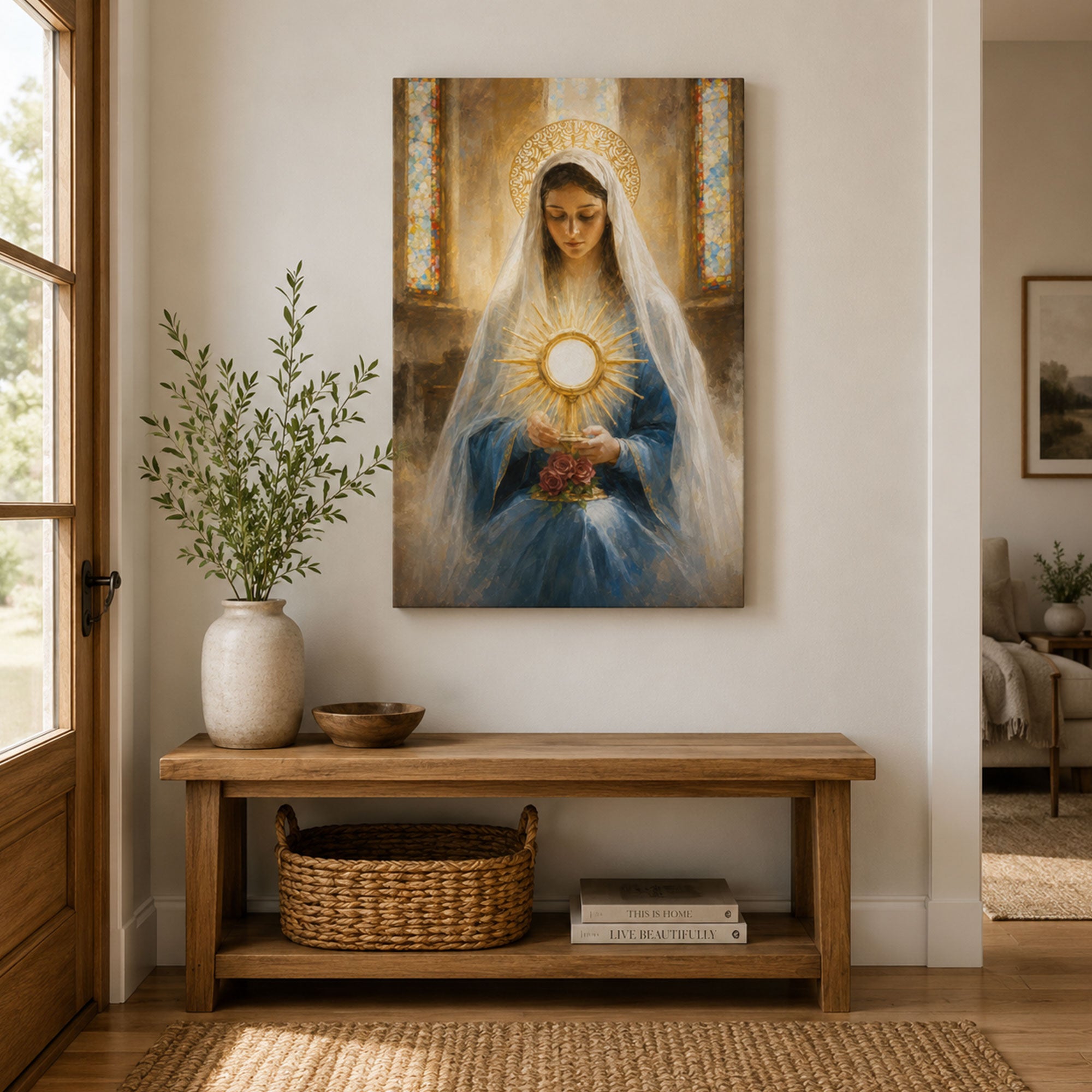 Our Lady of the Blessed Sacrament Canvas Print, Virgin Mary with Holy Eucharist Catholic Wall Art, Faith Home Decor Gift