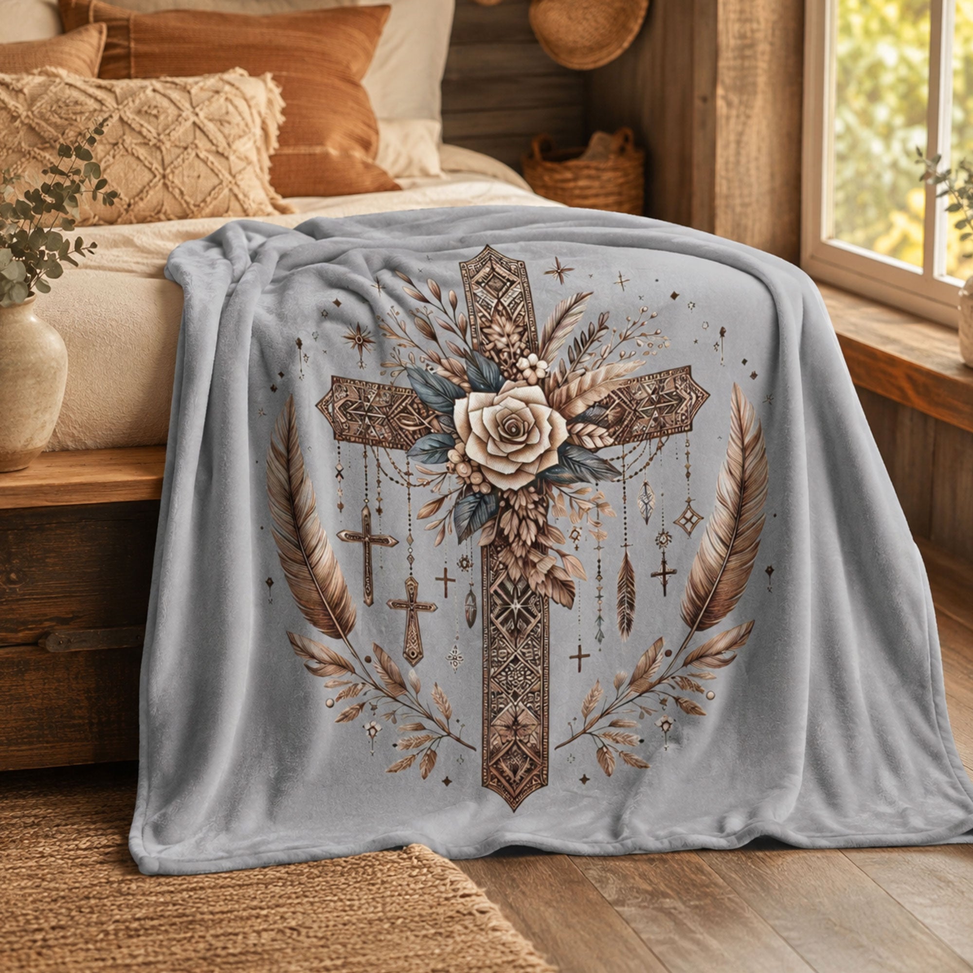 Boho Floral Cross Fleece Blanket, Christian Faith Throw, Religious Gift for Women