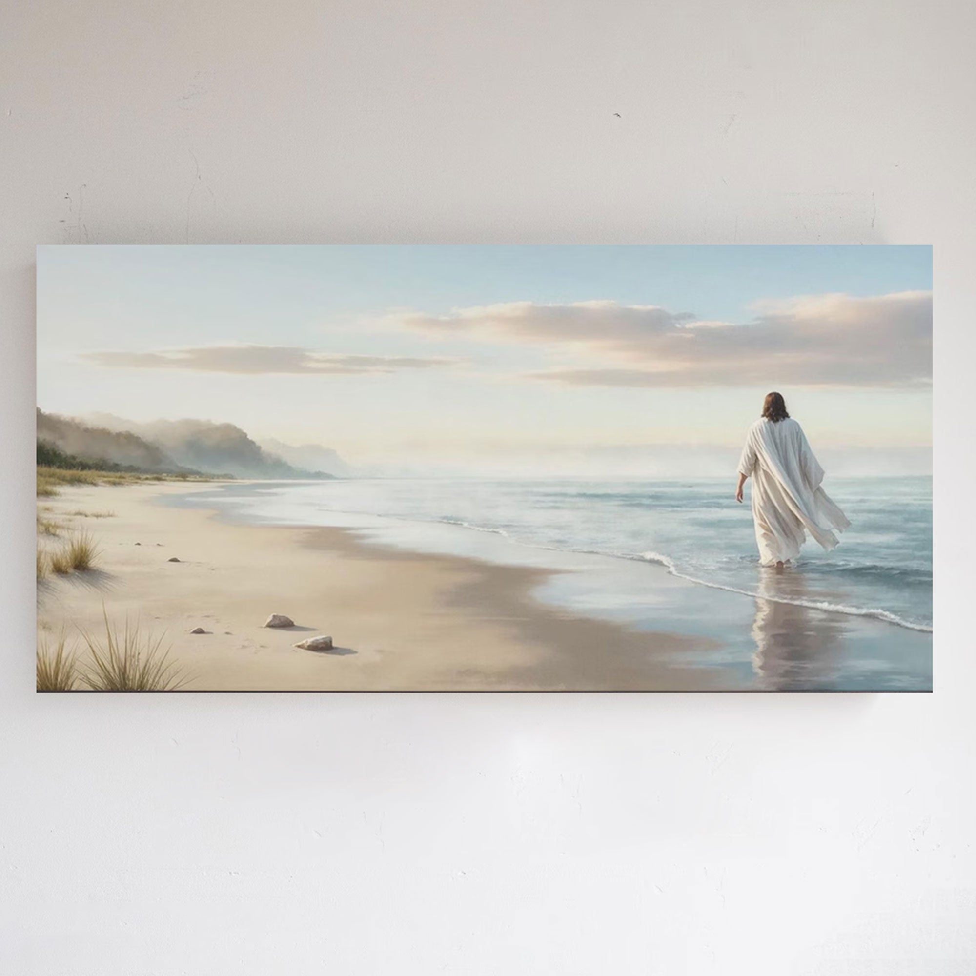 Jesus Beach Canvas Print, Coastal Christian Wall Art, Large Religious Ocean Decor