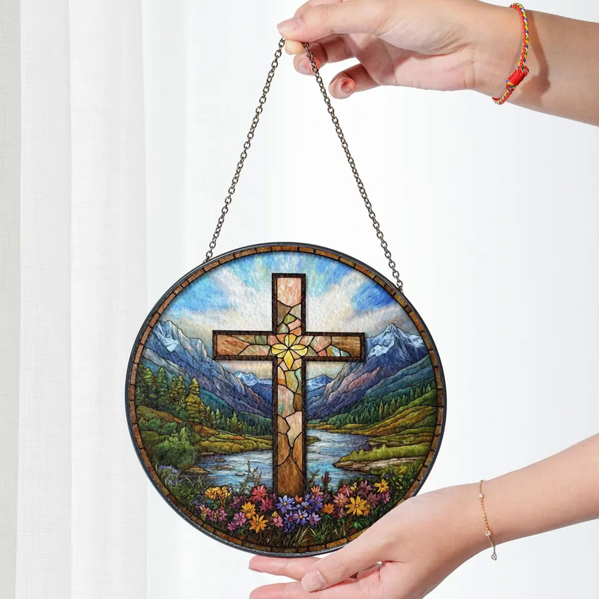 Stained Glass Cross Suncatcher with Wildflowers and Sunset, Christian Window Hanging, Mountain River Decor, Faith Gift