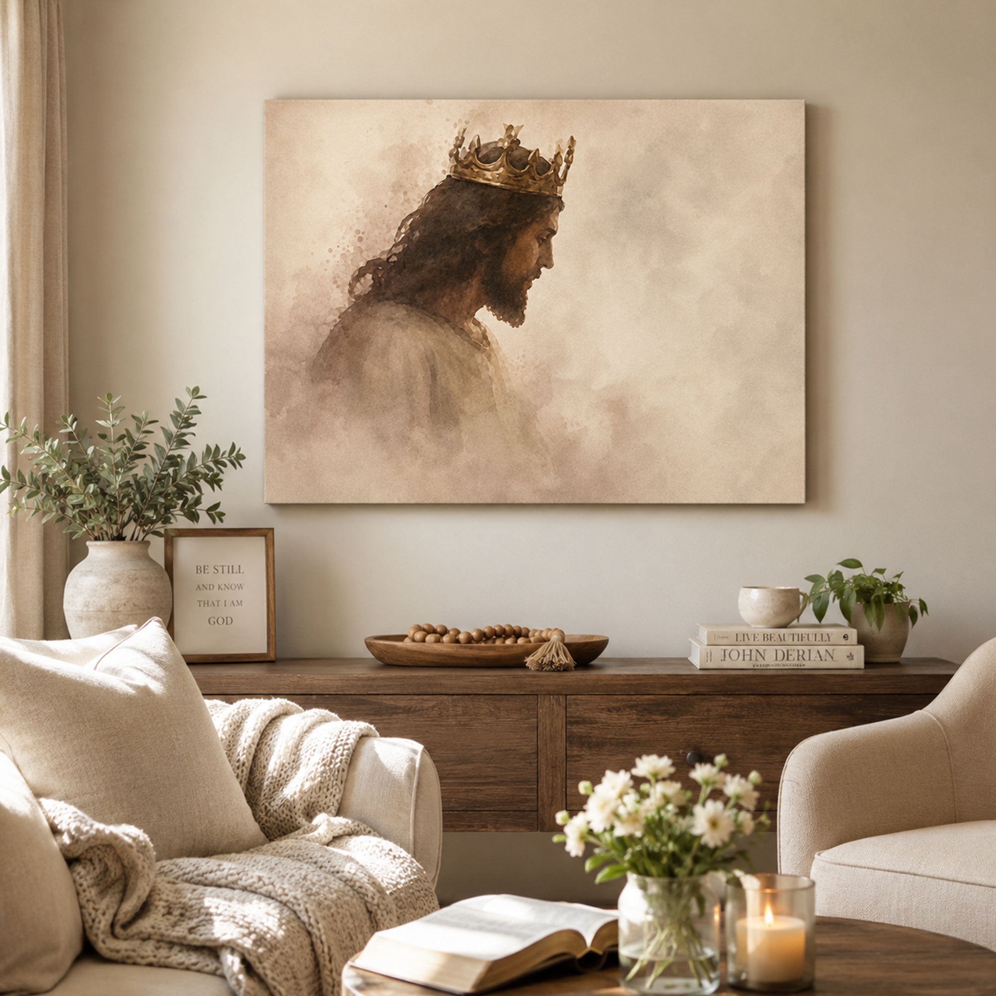 Christ the King Canvas Print, Sepia Jesus Portrait Christian Wall Art, Faith Home Decor Gift
