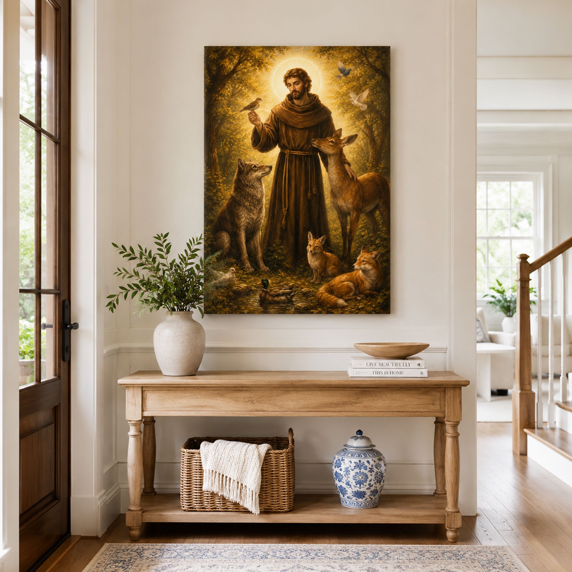 Saint Francis of Assisi with Forest Animals Canvas Print, Catholic Saint Wall Art, Nature Faith Home Decor Gift