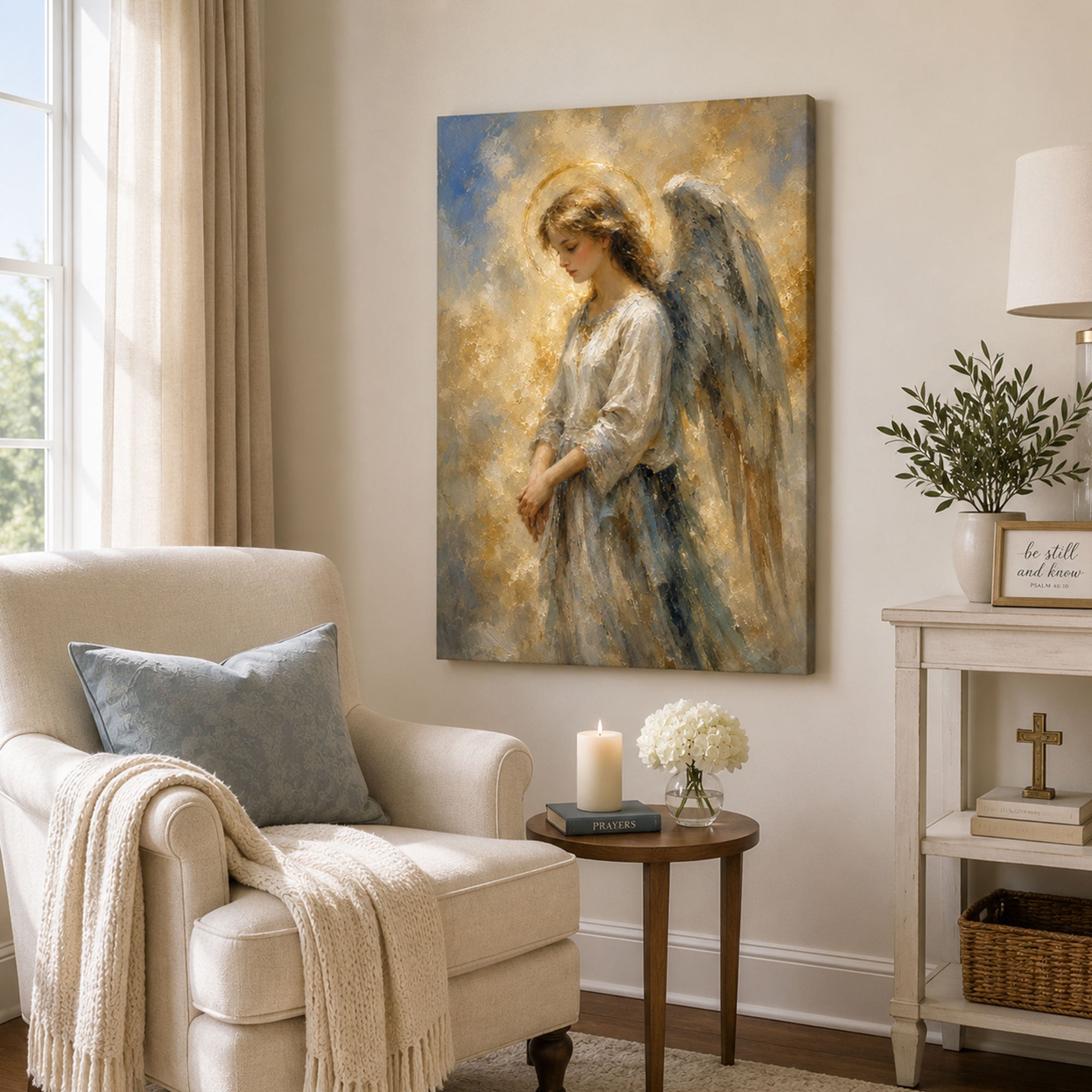 Guardian Angel in Quiet Prayer Canvas Print, Soft Gold Christian Decor