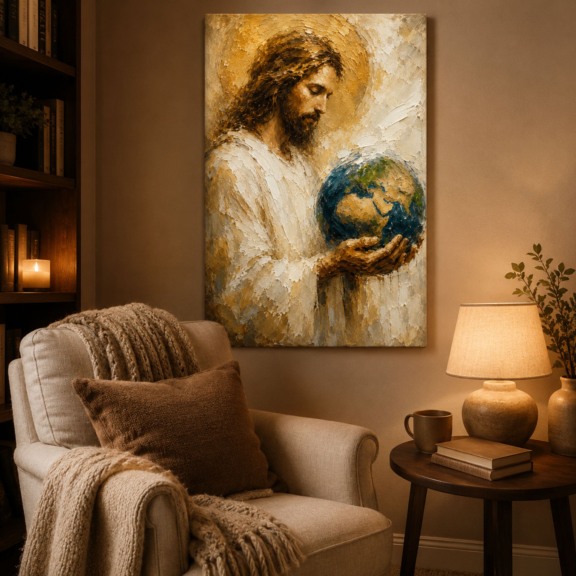 Jesus Holding the World Canvas Print, Christian Wall Art, Faith Home Decor