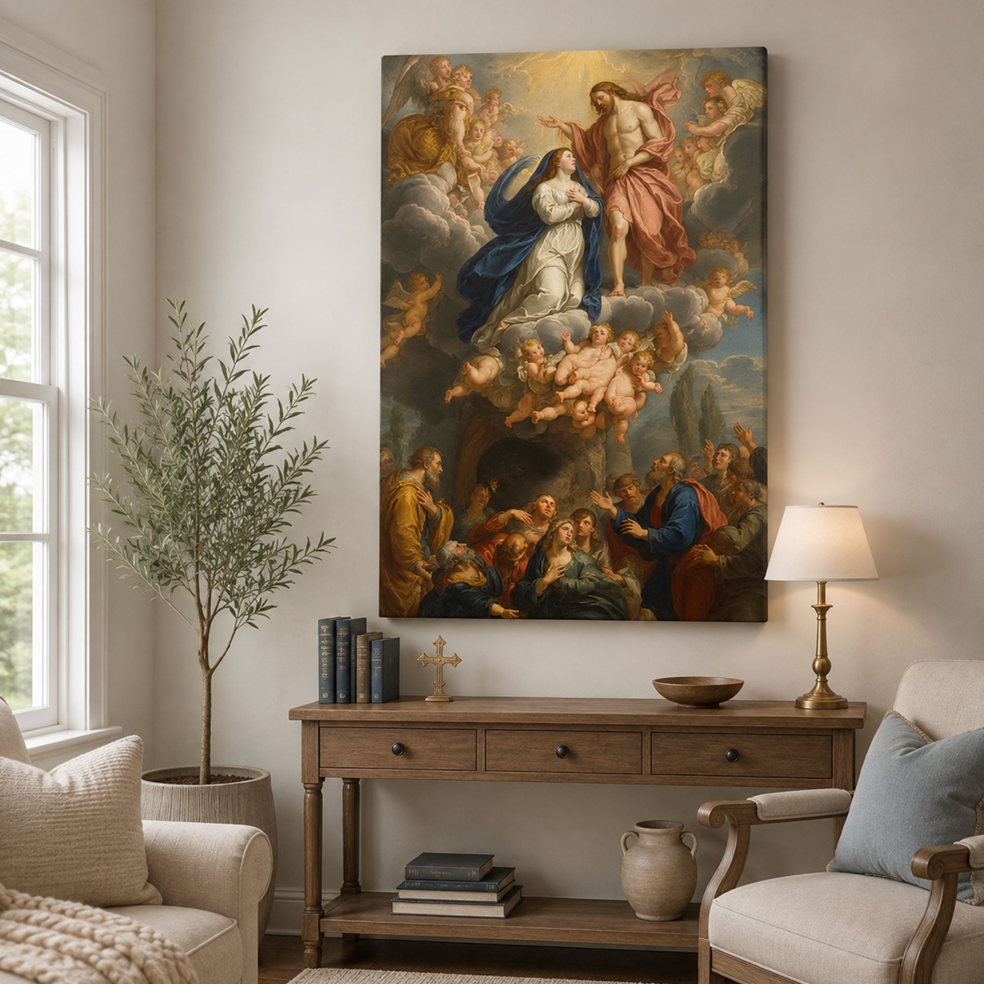 Assumption of the Virgin Mary Canvas Print, Jesus Welcoming Mary into Heaven, Catholic Wall Decor