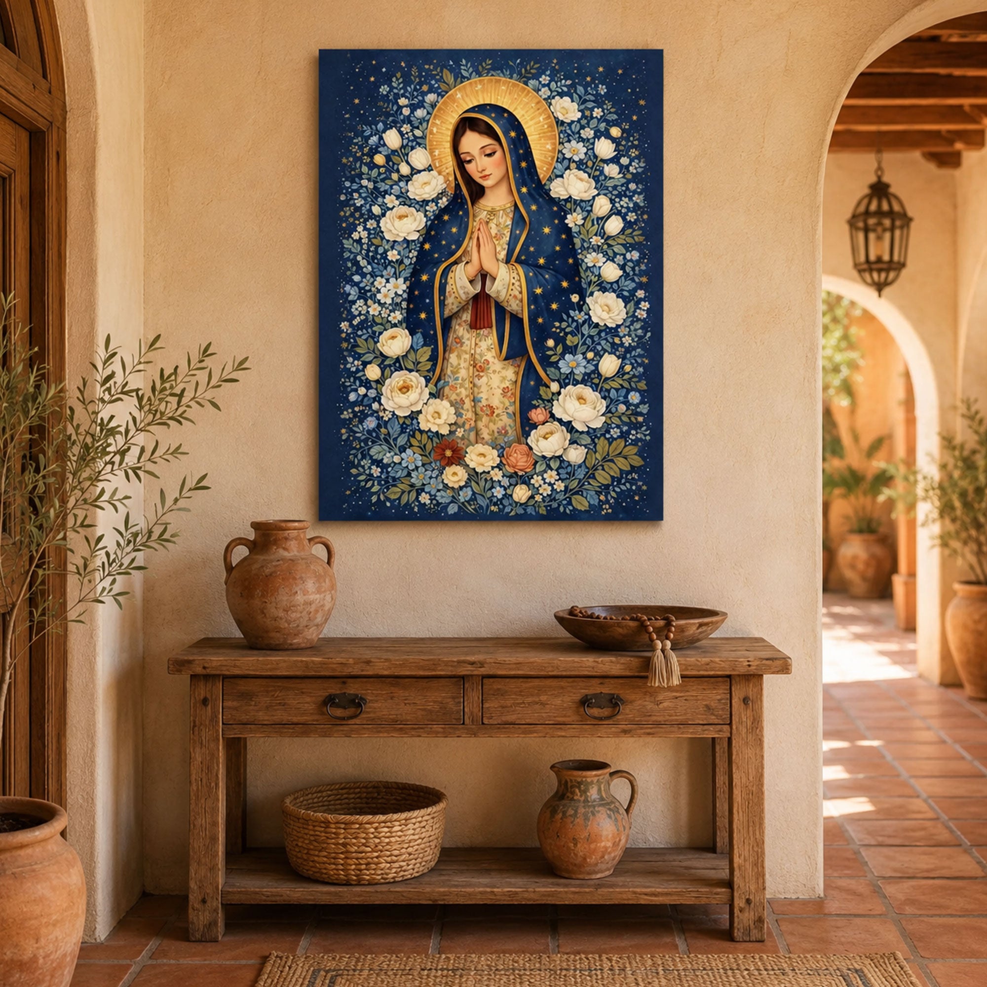 Floral Virgin Mary Canvas Print, Blessed Mother Christian Wall Art, Blue Catholic Faith Decor, Heavenly Floral Artwork