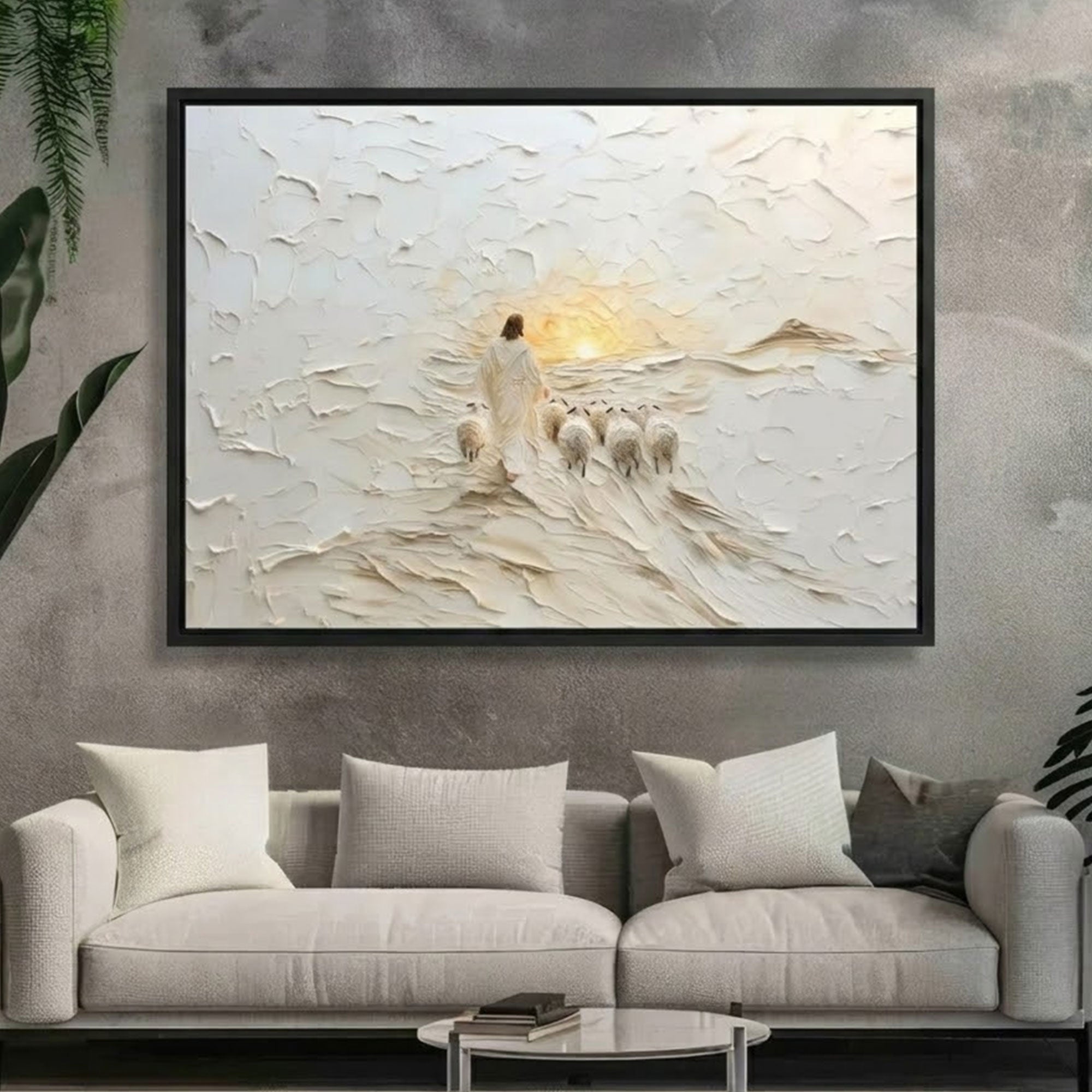 Jesus Shepherd with Sheep Canvas Print, Good Shepherd Wall Art, White Landscape Christian Decor, Modern Religious Home Decoration, Inspirational Faith Gift