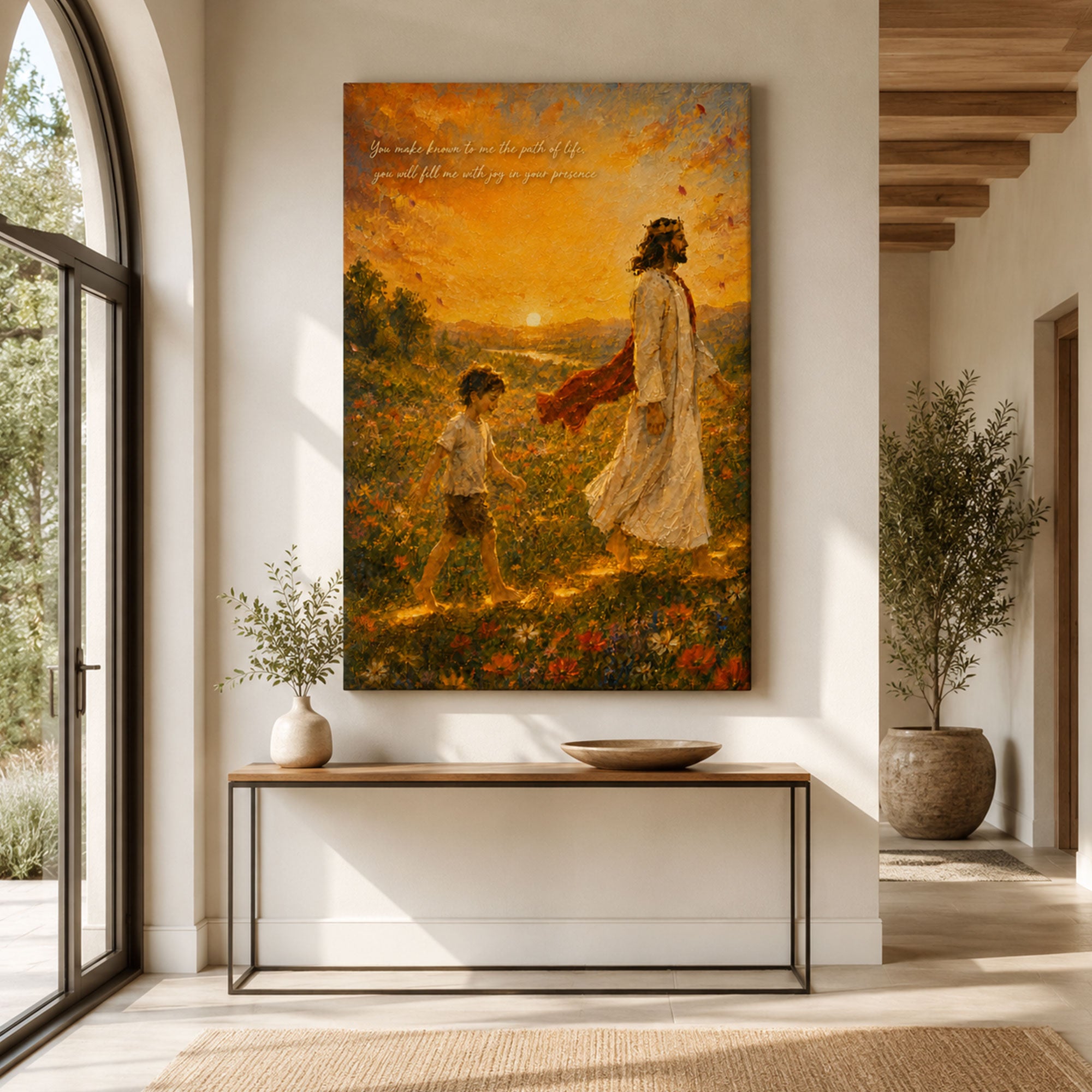 Impasto Jesus Walking With Child Canvas Print, Inspirational Christian Wall Art, Golden Sunset Faith Painting, Spiritual Home Decor