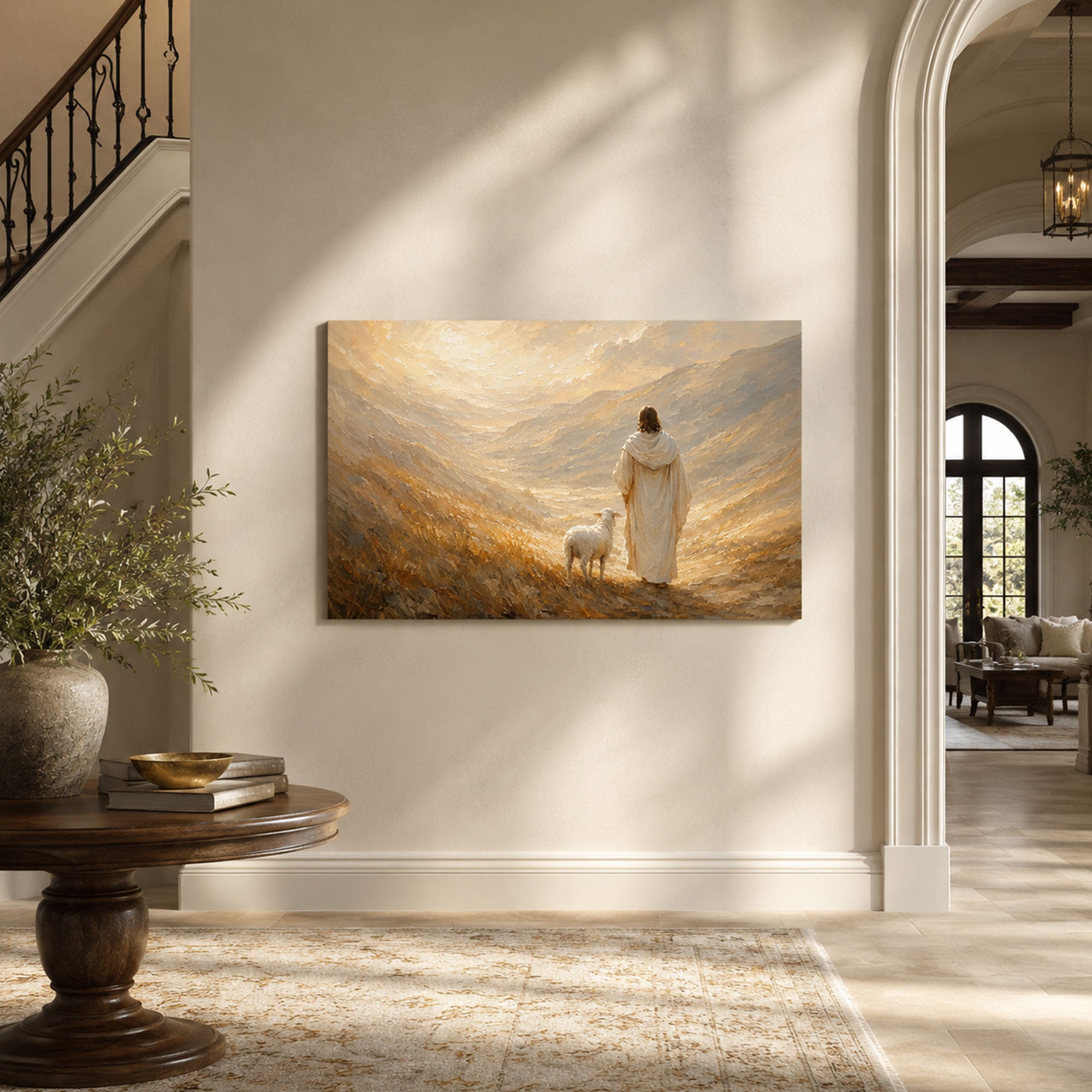 Good Shepherd Panoramic Canvas Print, Jesus with Lamb Christian Wall Art, Faith Home Decor Gift