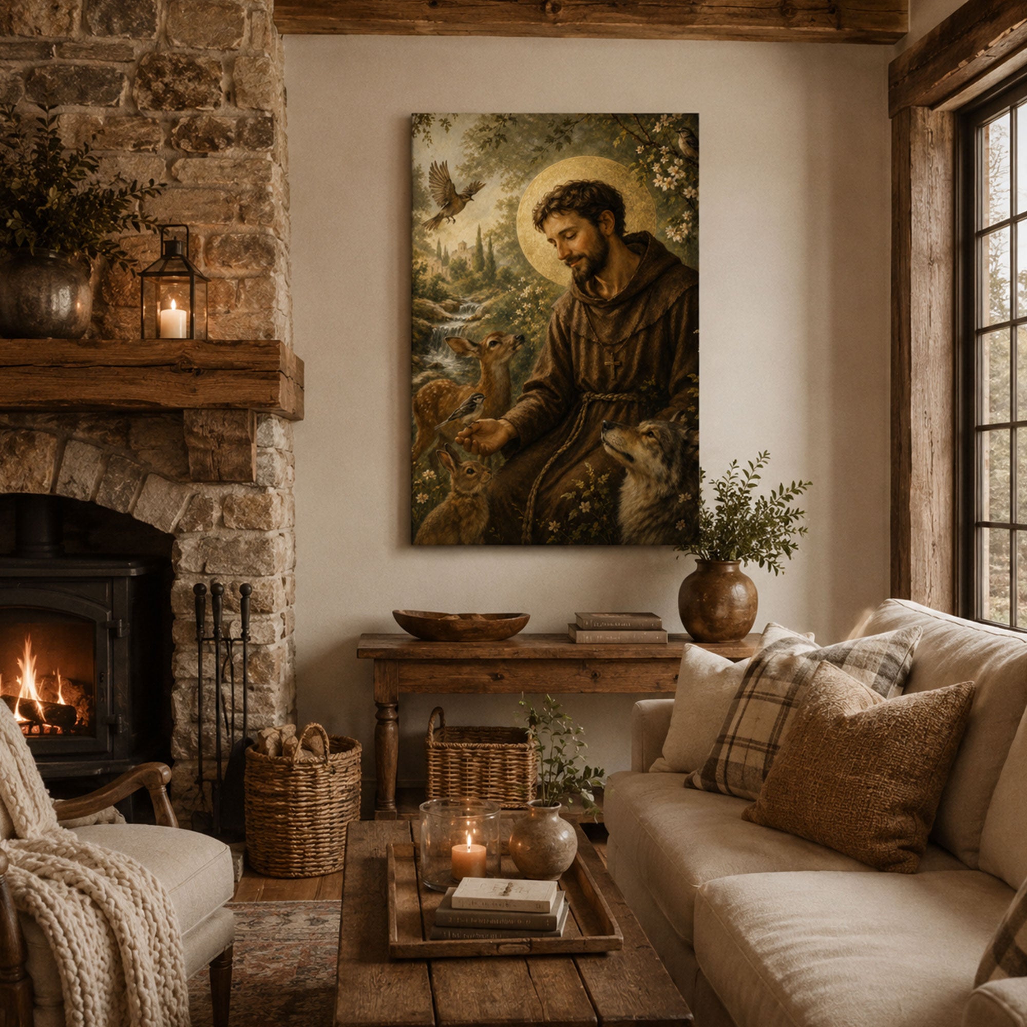 Saint Francis of Assisi Canvas Print, Catholic Saint Wall Art with Animals, Christian Home Decor Gift
