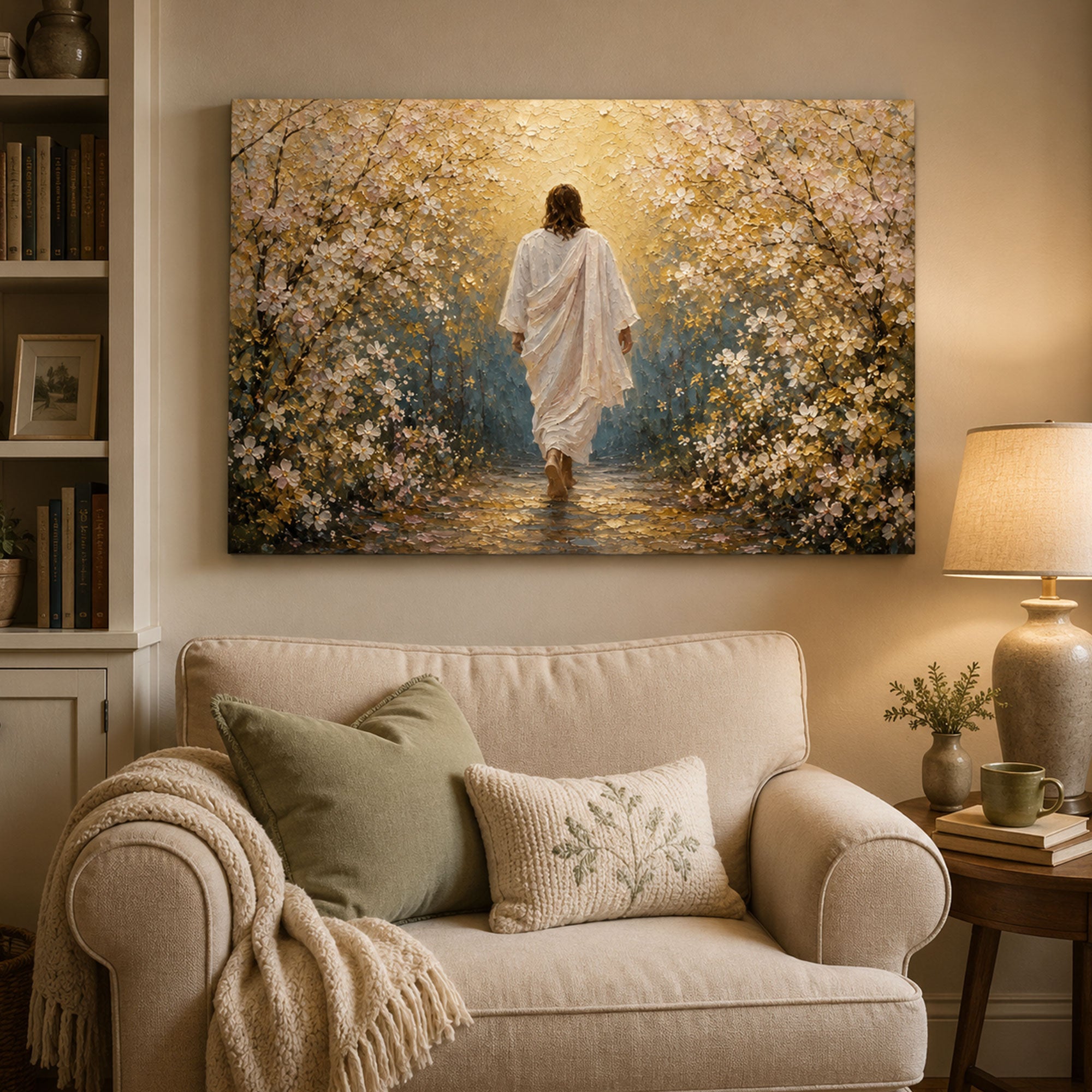 Jesus Leading the Way Canvas Print, Walk With Jesus Christian Wall Art, Floral Faith Journey Home Decor