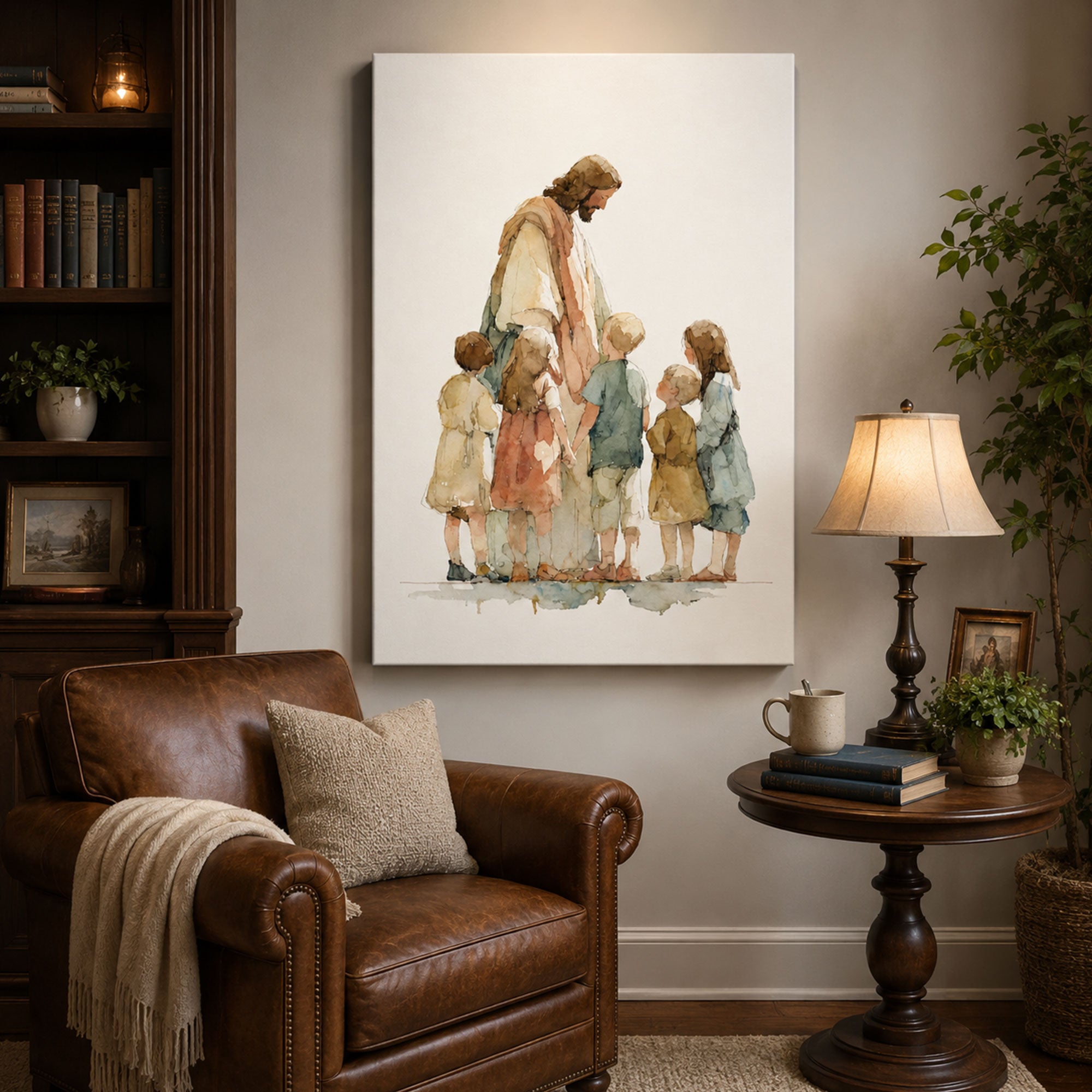 Jesus with Children Watercolor Canvas Print, Christian Nursery Wall Art, Peaceful Faith Home Decor