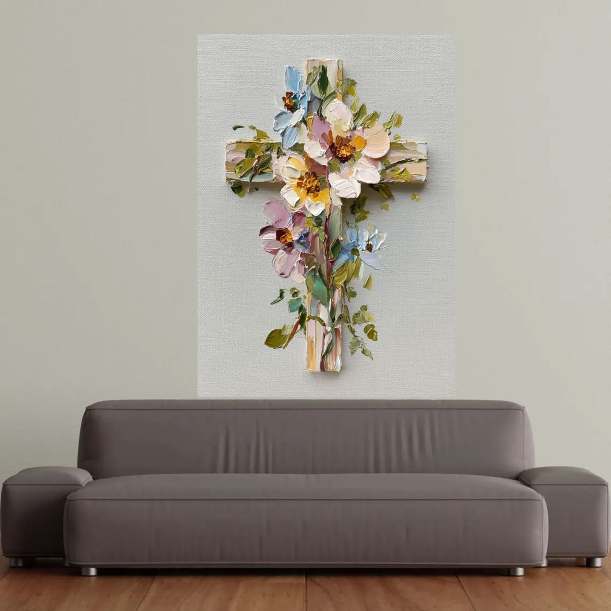 Floral Cross Canvas Print, Rustic Christian Wall Art, Flower Cross Religious Decor, Spiritual Home Decoration, Inspirational Faith Gift