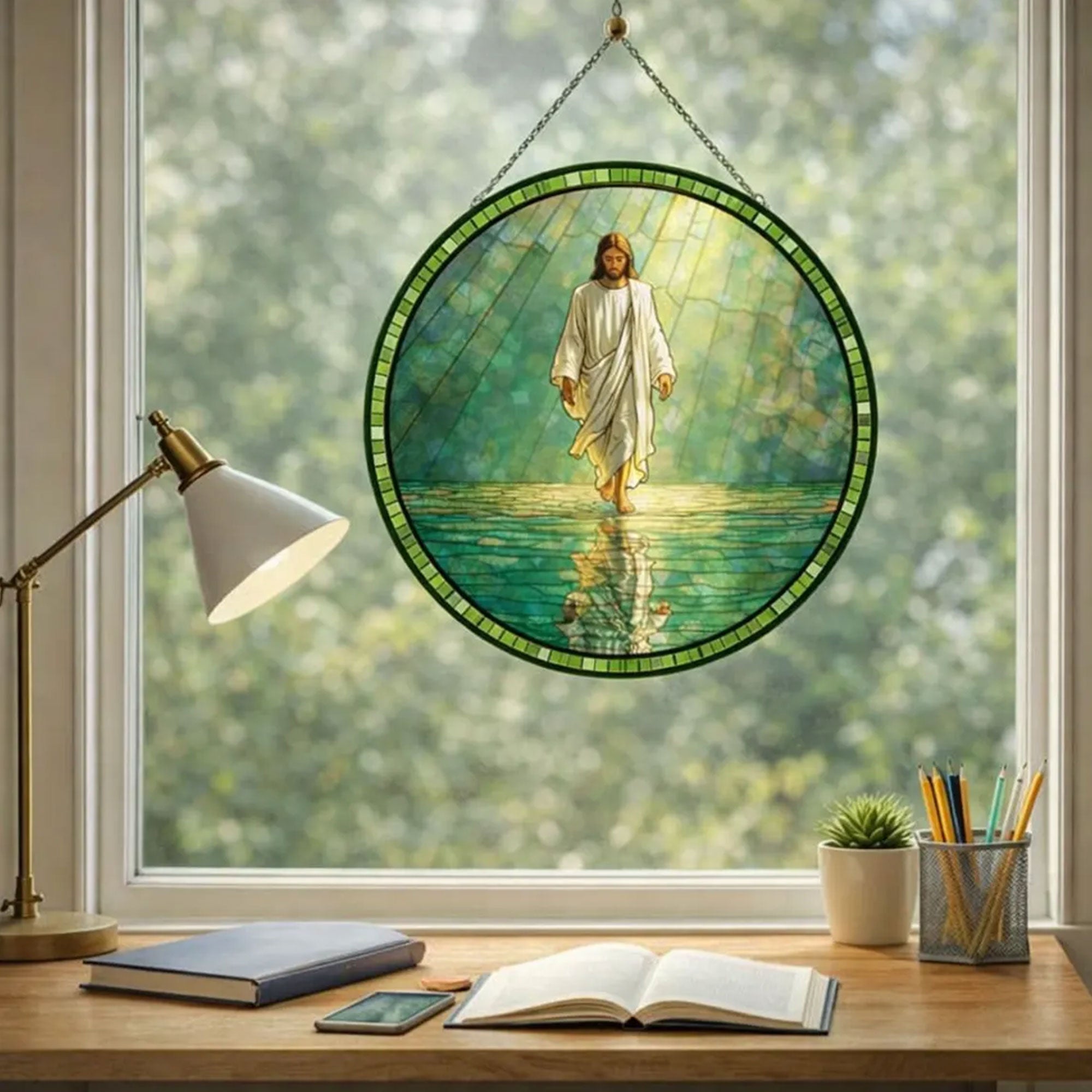 Jesus Walking on Water Stained Glass Suncatcher, Christian Window Hanging Decor, Faith Religious Gift, Handmade Glass Art