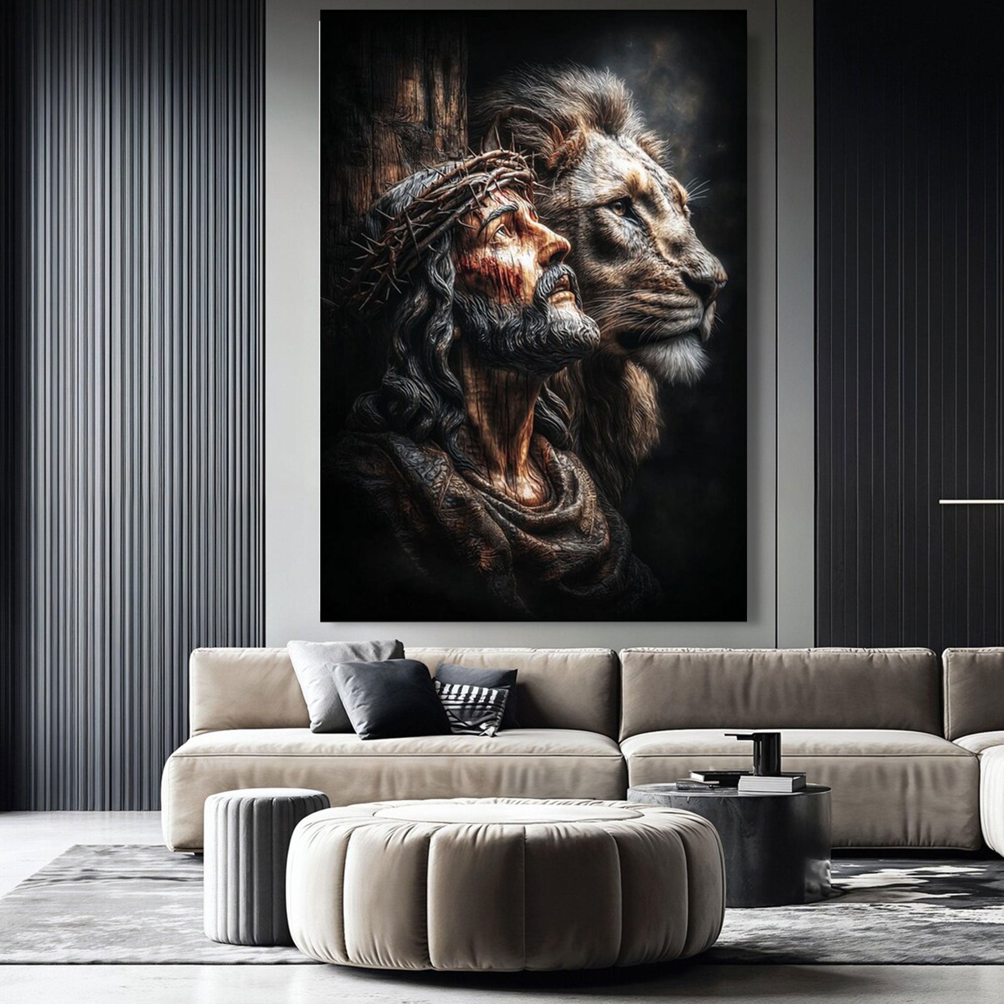 Jesus with Crown of Thorns and Lion Canvas Print, Christian Faith and Strength Wall Art, Inspirational Spiritual Decor