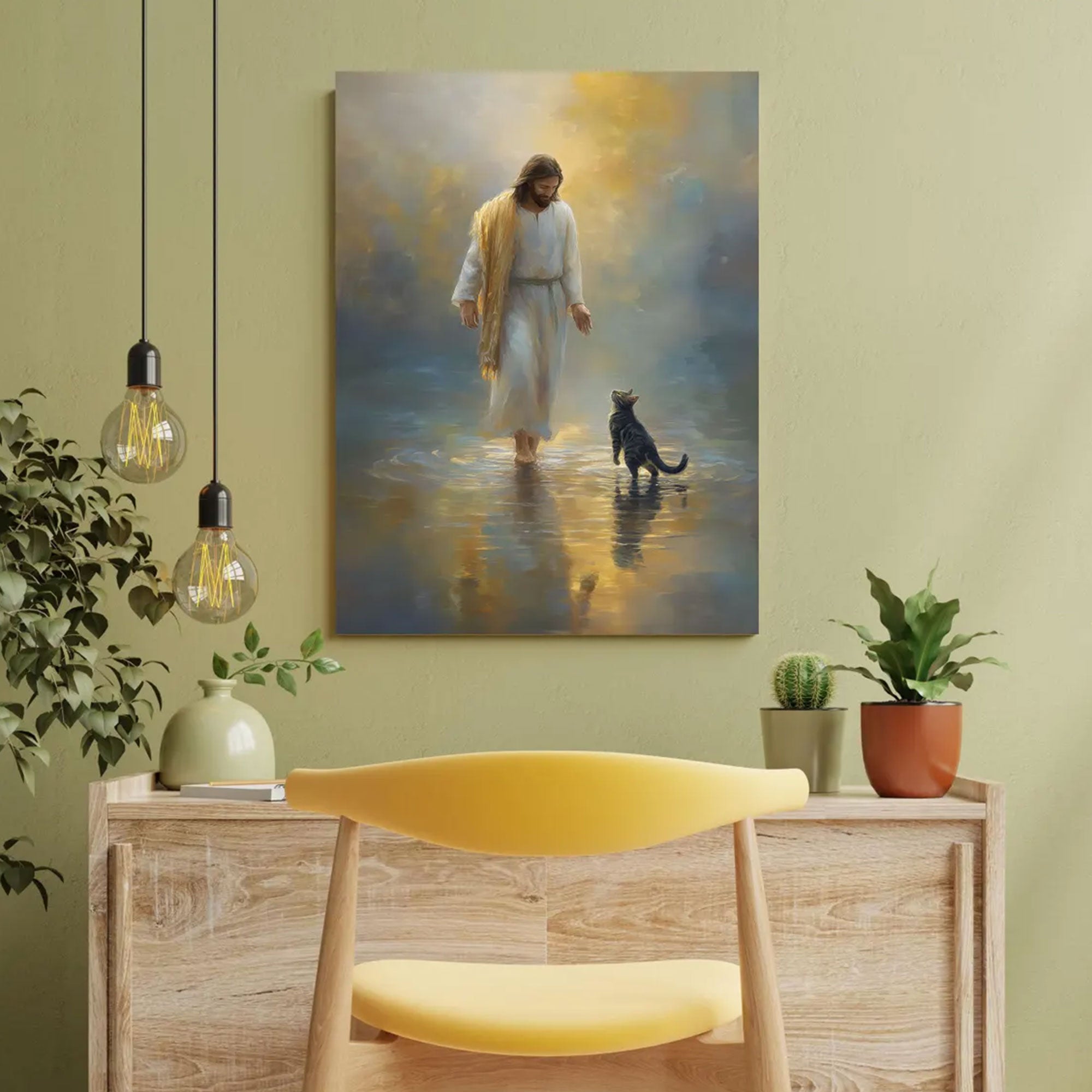 Jesus and Cat Canvas Print, Peaceful Christian Wall Art, Religious Home Decor, Gift for Cat Lovers