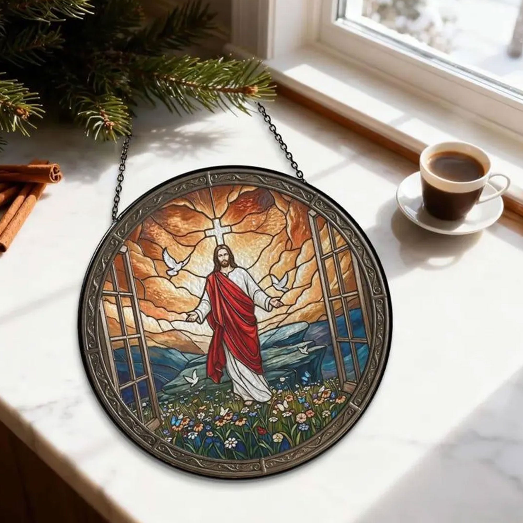 Jesus Stained Glass Suncatcher, Christian Window Hanging Decor, Religious Art Gift for Home