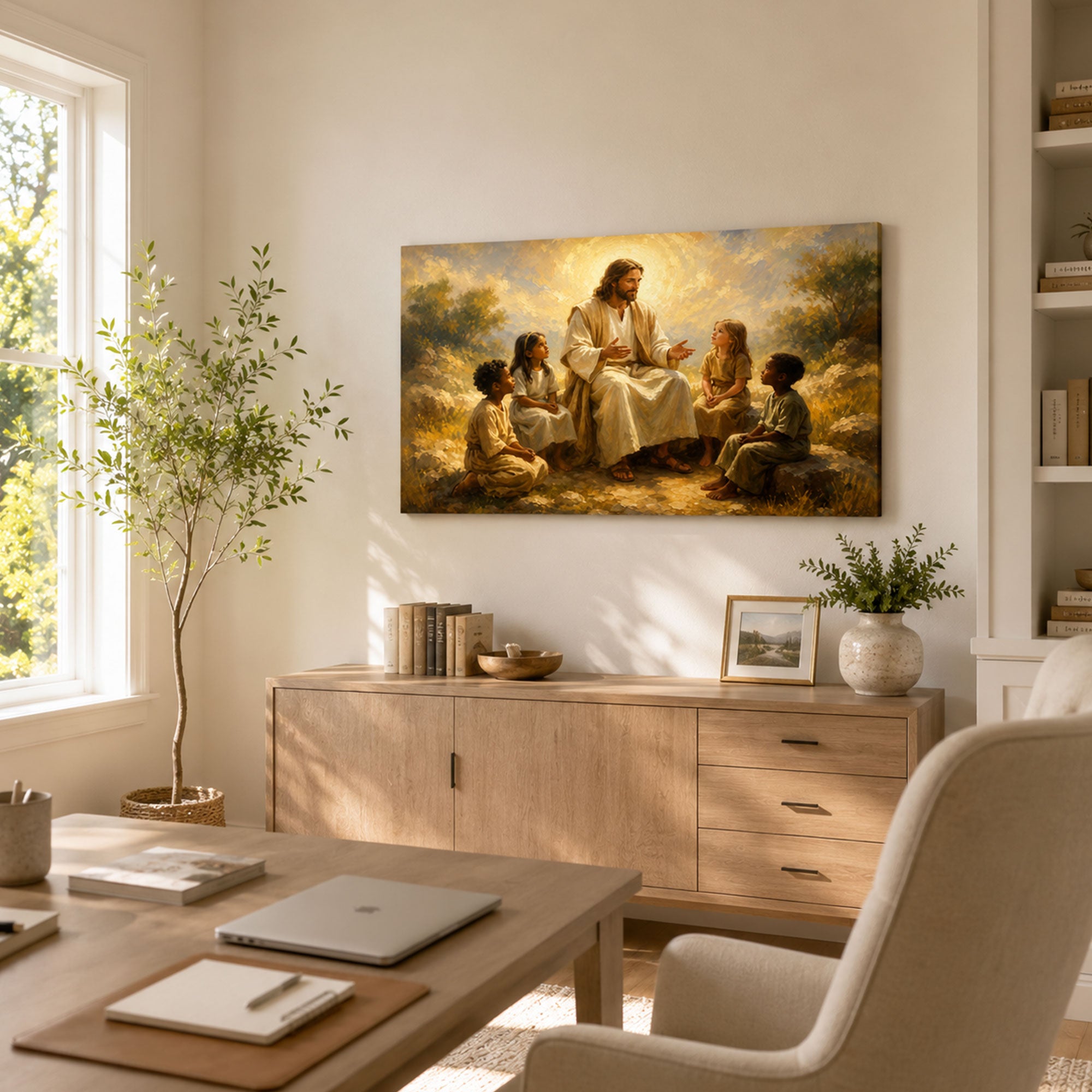 Jesus Teaching the Children Canvas Print, Matthew 19:14 Christian Wall Decor, Family Faith Gift