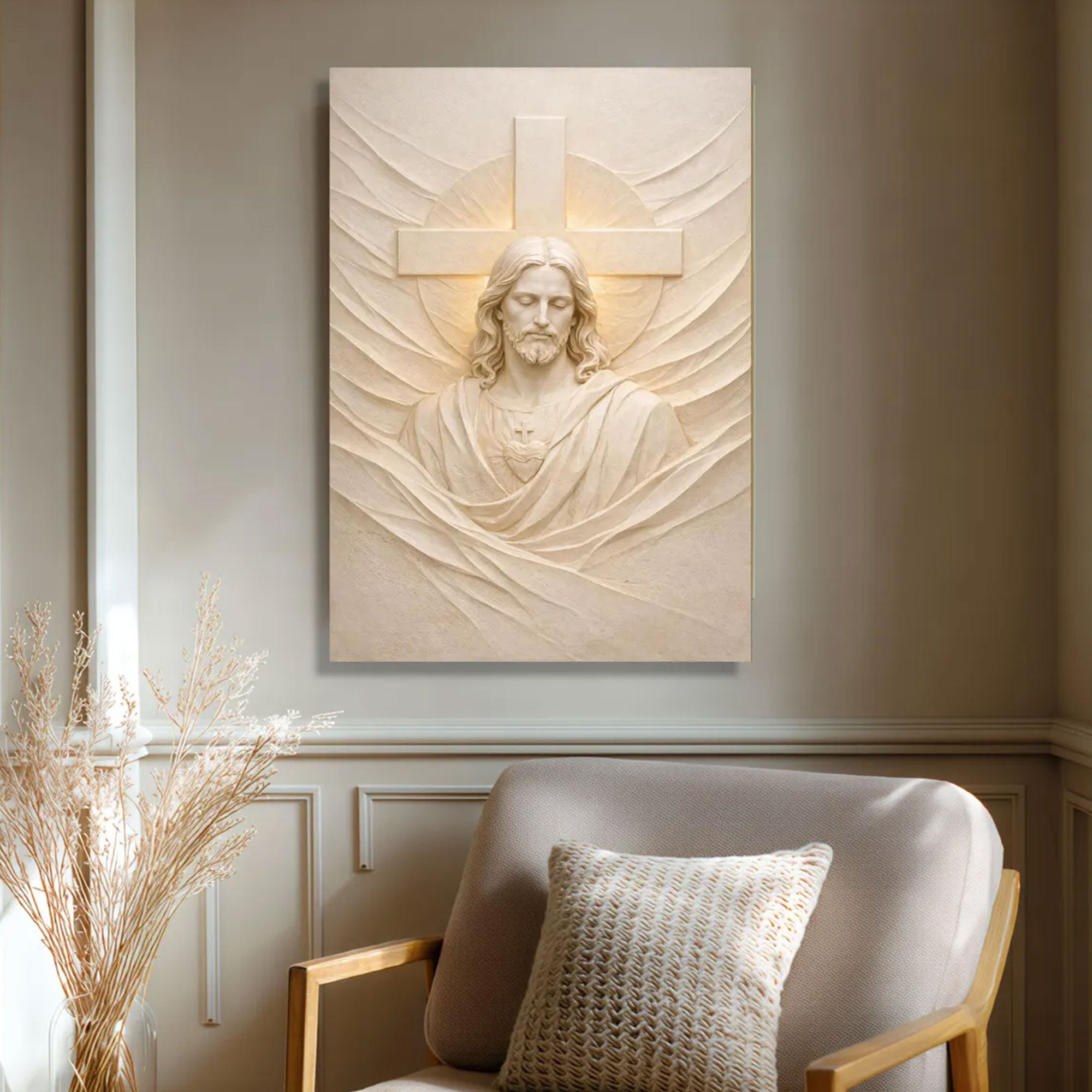 Sacred Heart of Jesus Canvas Print, Christian Religious Relief Sculpture Wall Art, Spiritual Home Decor, Inspirational Faith Gift, Devotional Artwork