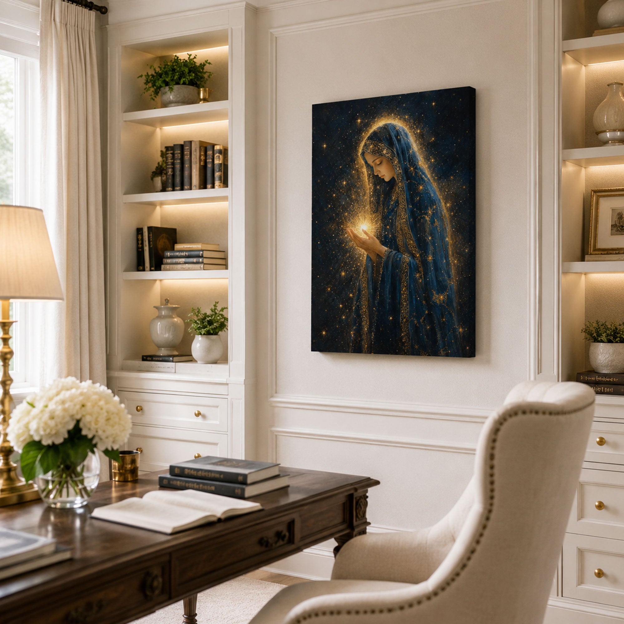 Blessed Virgin Mary Holding Divine Light Canvas Print, Midnight Blue Catholic Decor