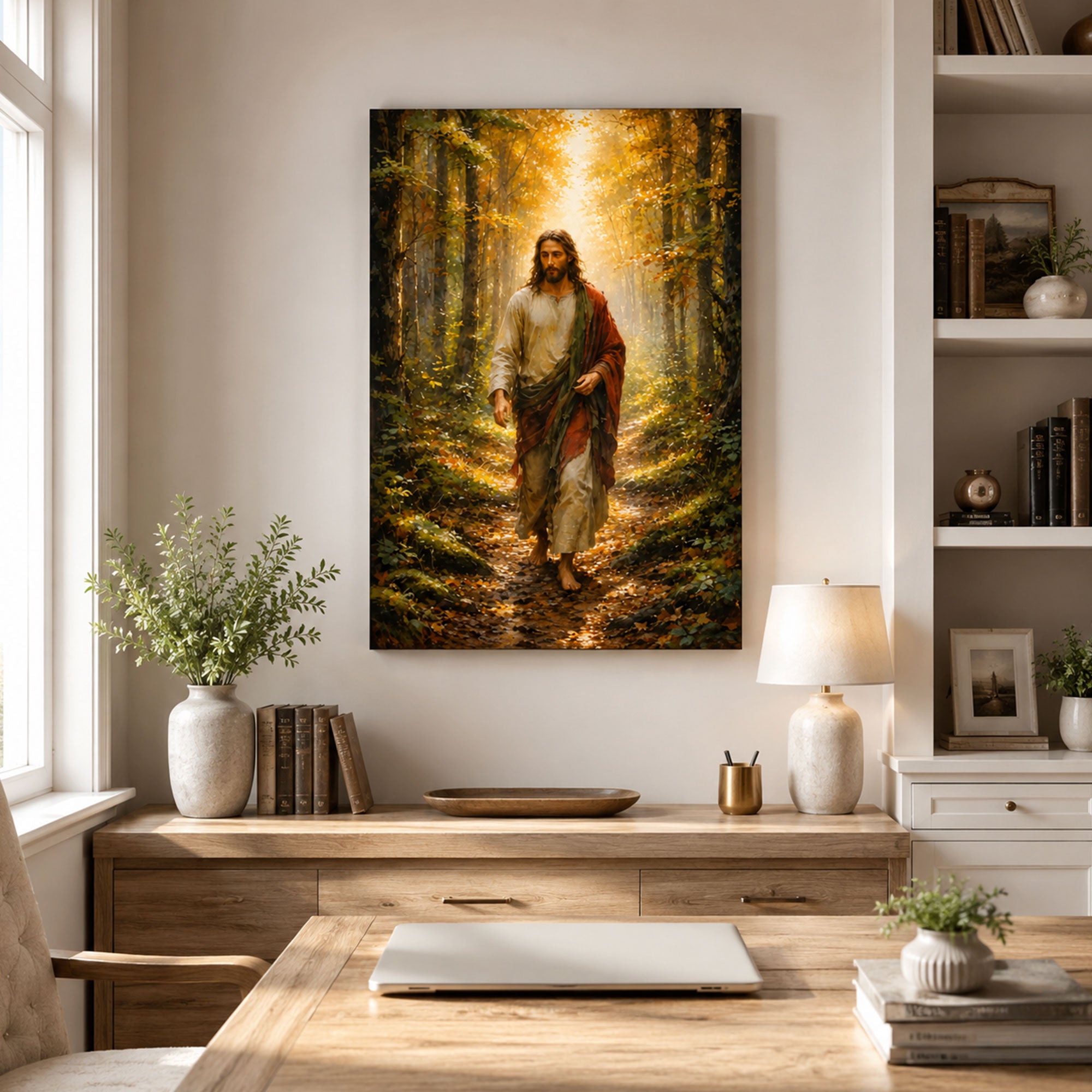 Jesus Walking the Autumn Path Canvas Print, Golden Forest Christian Decor