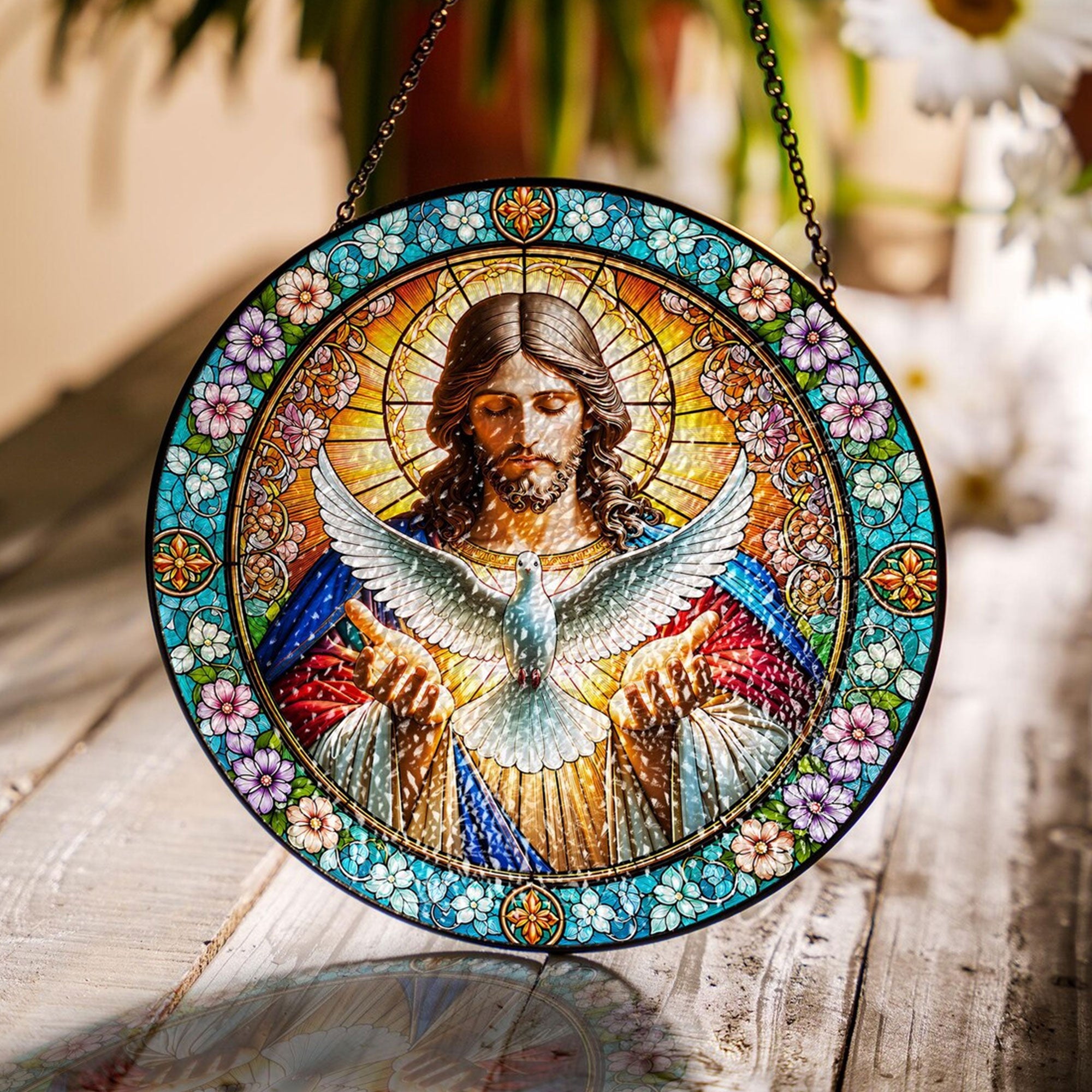 Jesus and Holy Spirit Dove Stained Glass Suncatcher, Christian Window Hanging, Religious Home Decor Gift