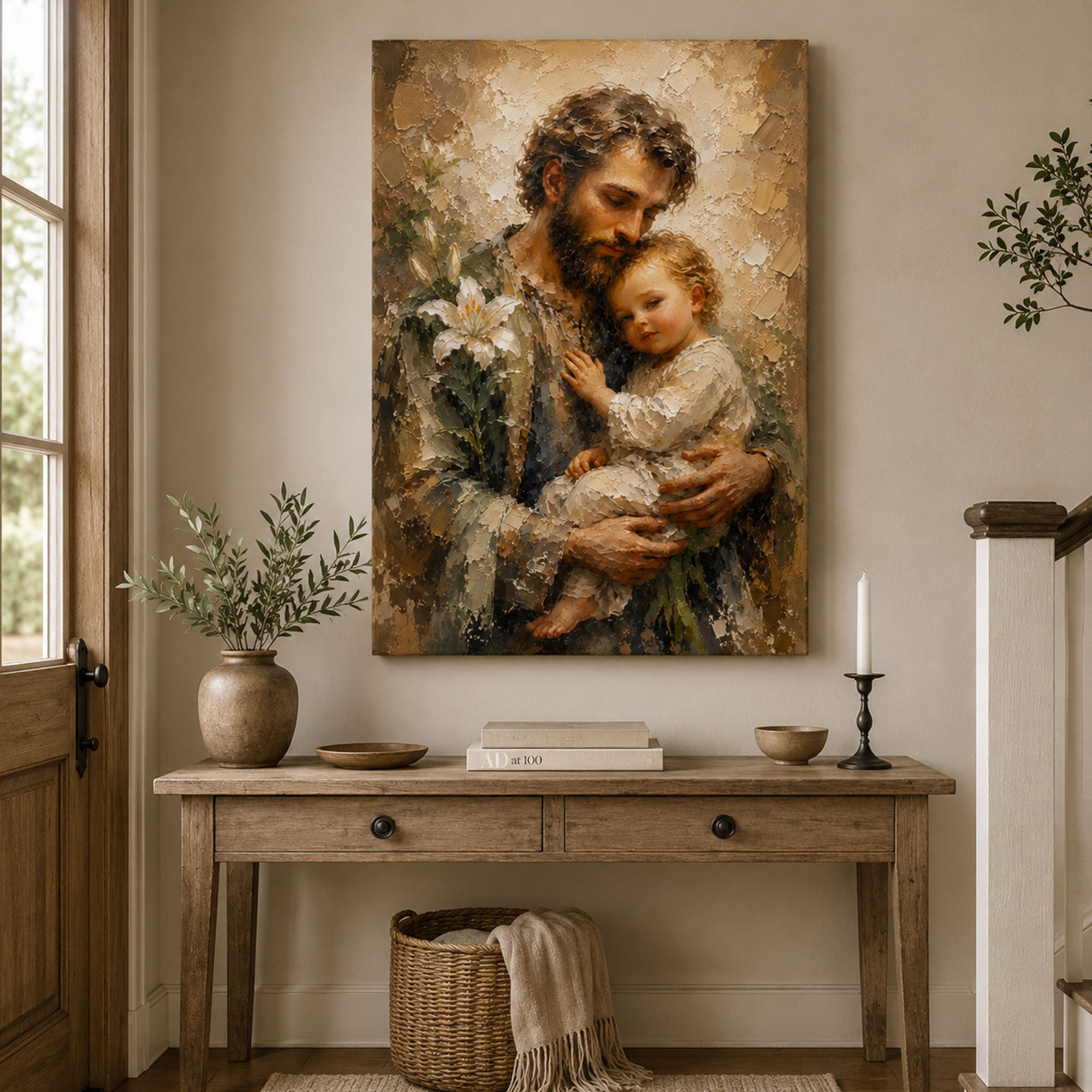 St. Joseph and Child Jesus Canvas Print, Saint Joseph with Lily Catholic Wall Art, Christian Family Home Decor