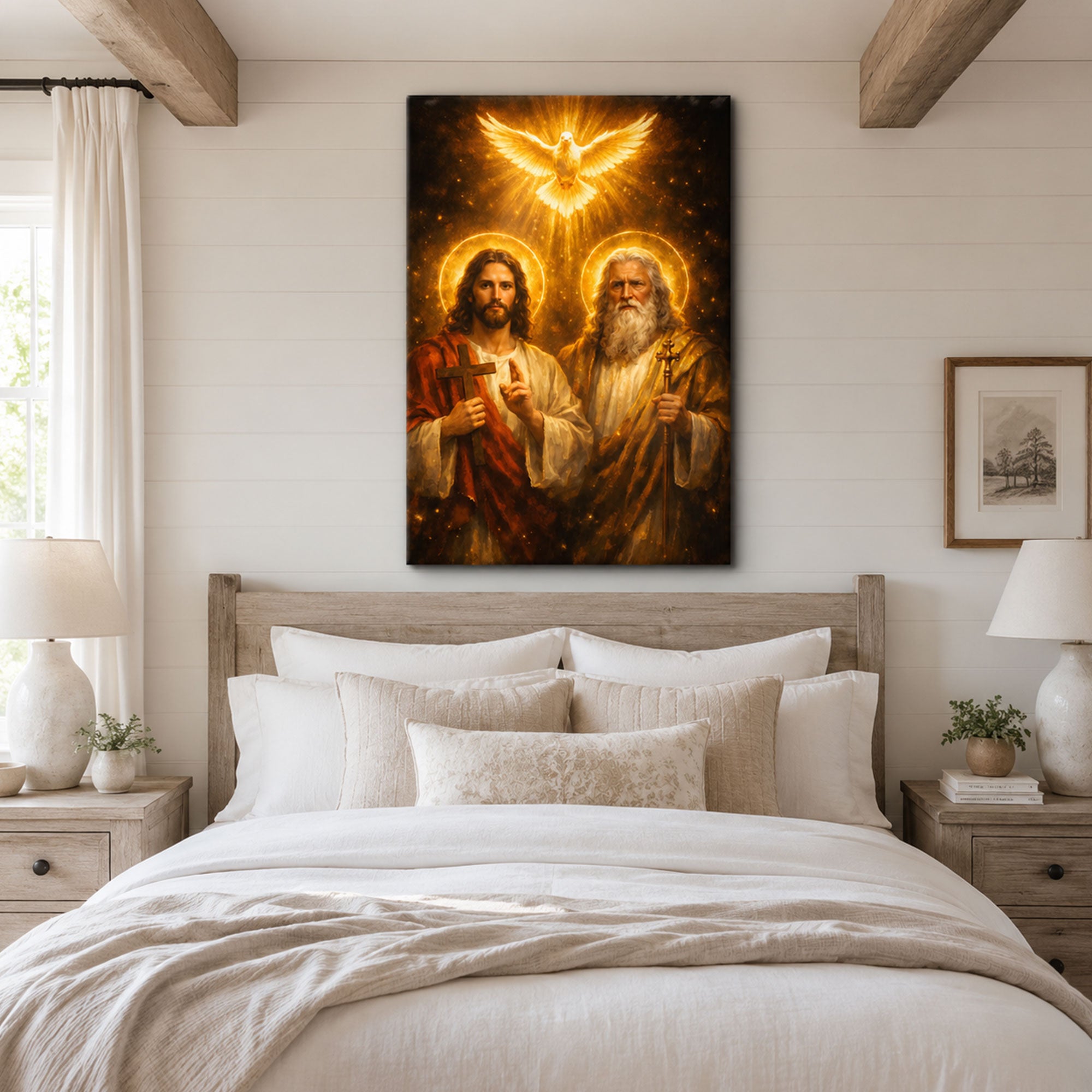 Holy Trinity Canvas Print, Jesus Christ God the Father and Holy Spirit Dove Christian Wall Art, Catholic Religious Home Decor