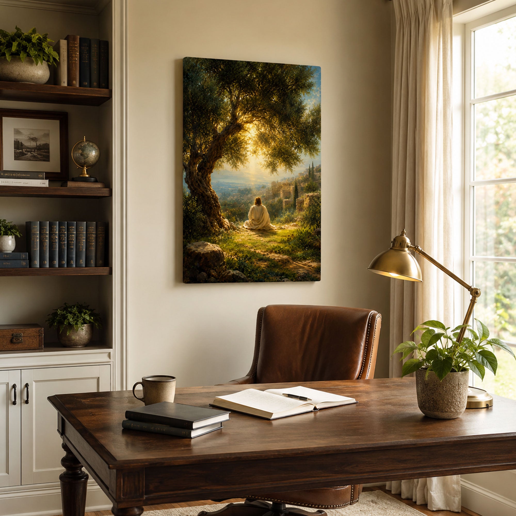 Jesus Under the Olive Tree Canvas Print, Peaceful Christian Wall Art, Golden Light Faith Home Decor Gift