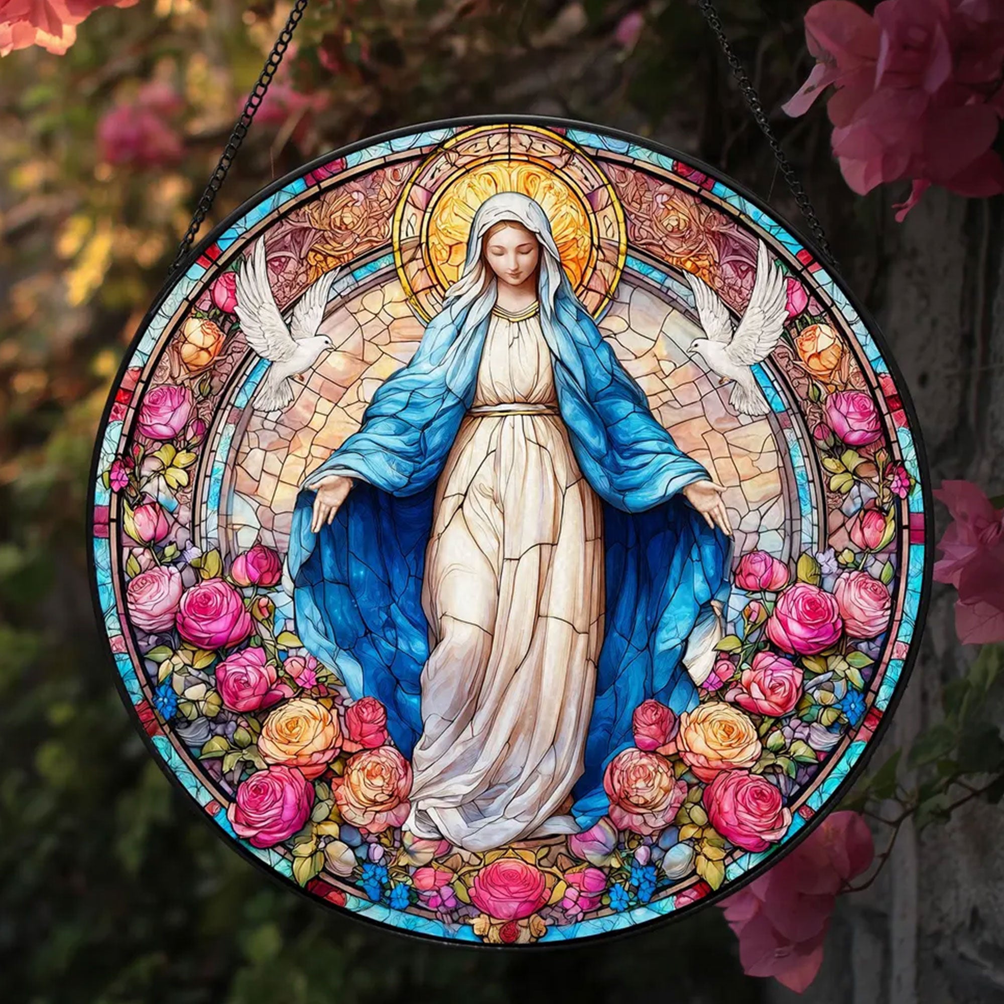 Our Lady of Grace Stained Glass Suncatcher, Virgin Mary Window Hanging, Catholic Religious Gift