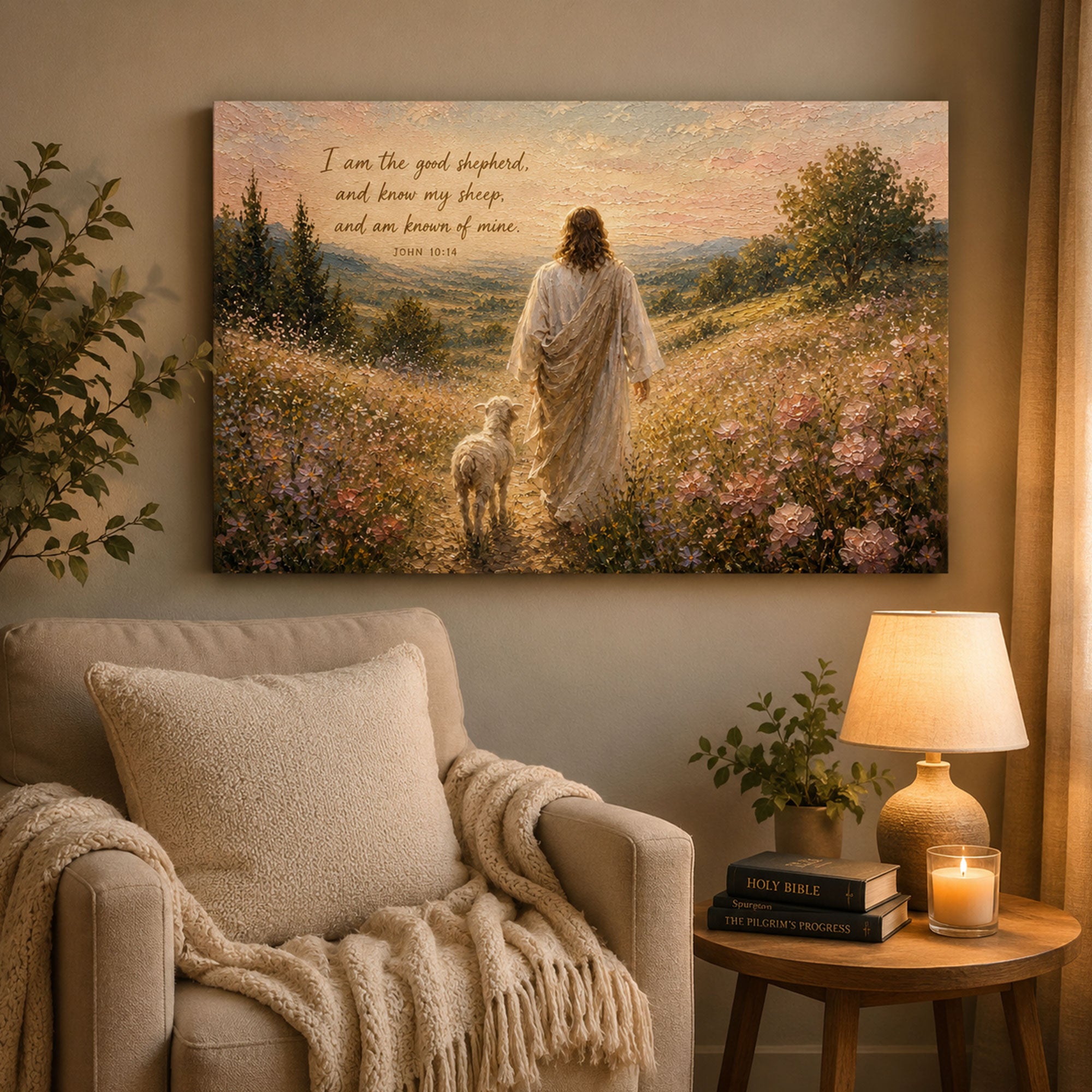 Jesus Good Shepherd Canvas Print John 10:14 Christian Wall Art Floral Landscape Faith Home Decor
