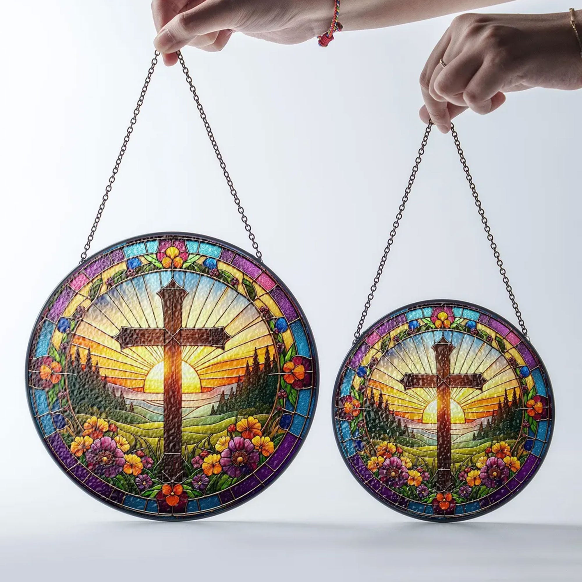 Christian Cross Stained Glass Suncatcher, Floral Window Hanging Decor, Religious Home Decor, Memorial Gift