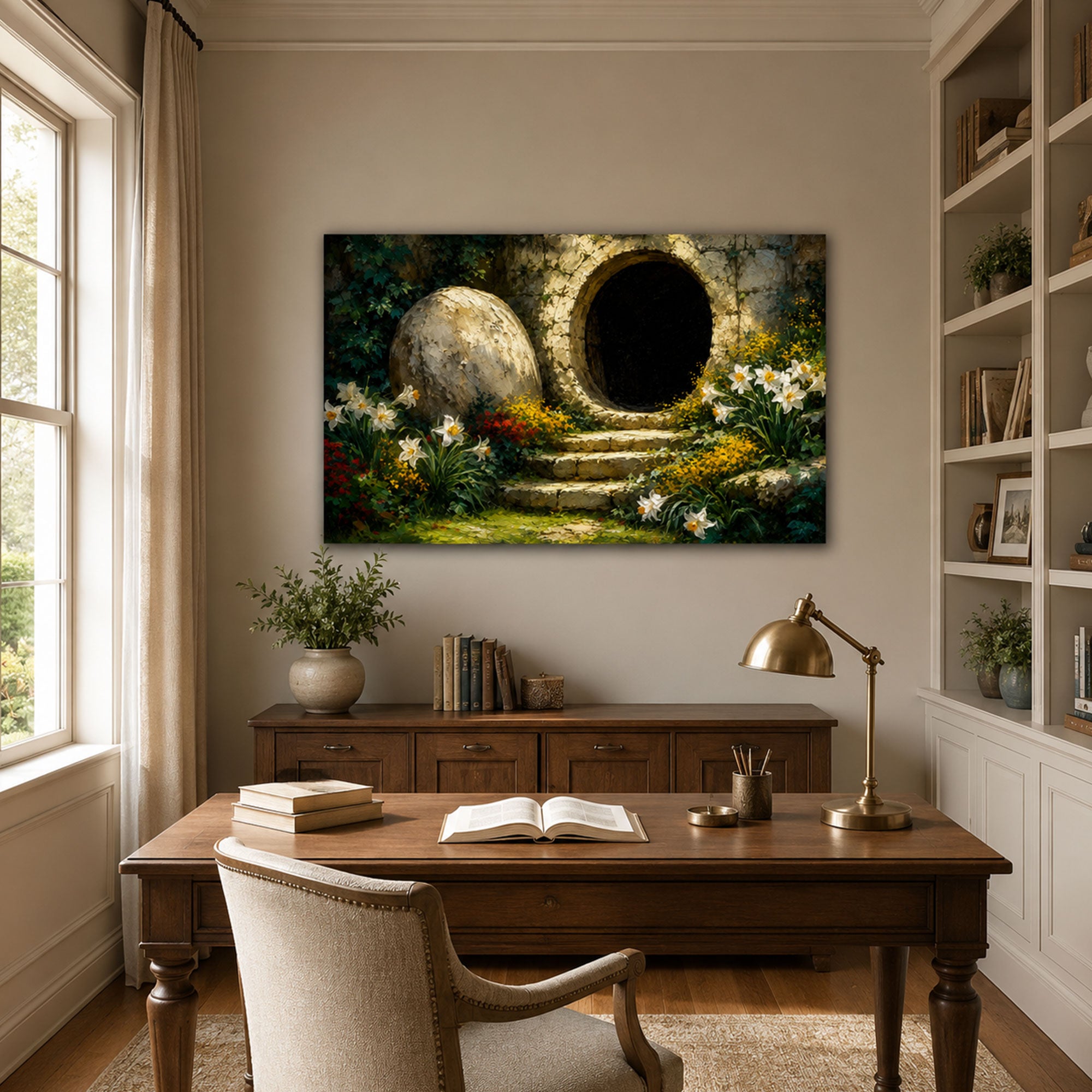 Empty Tomb at Easter Dawn Canvas Print, Resurrection Christian Decor
