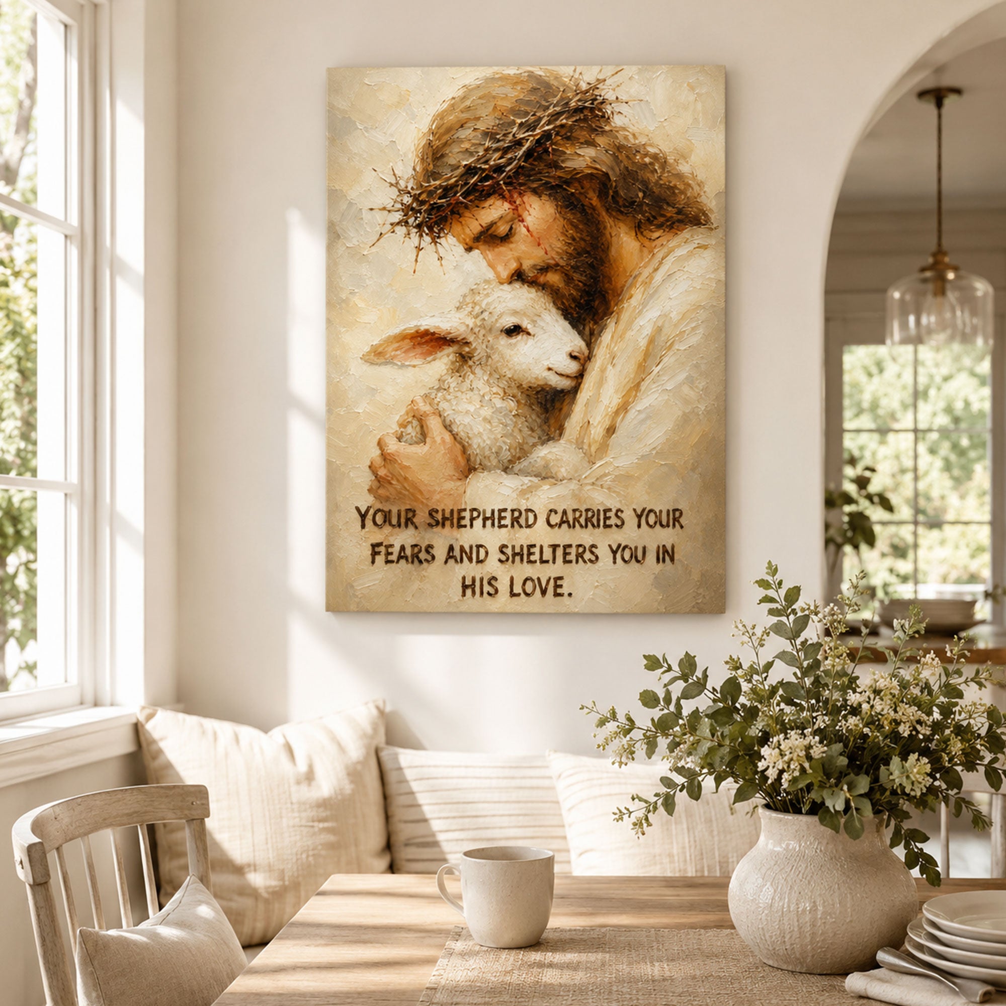 Jesus Good Shepherd with Lamb Canvas Print, Your Shepherd Carries Your Fears Christian Wall Decor, Faith Gift