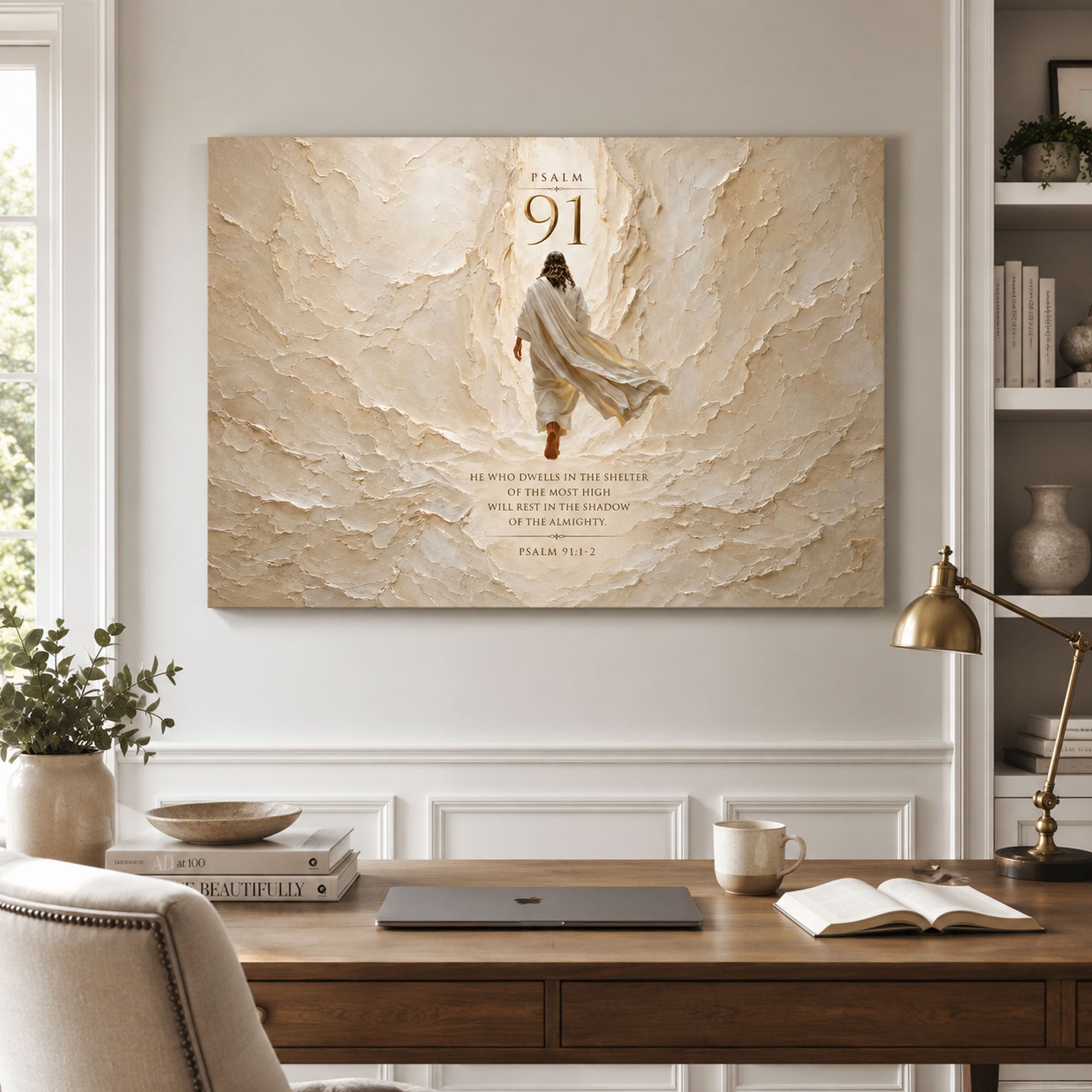Psalm 91 Canvas Print, He Who Dwells in the Shelter Christian Scripture Wall Art, Neutral Faith Home Decor Gift