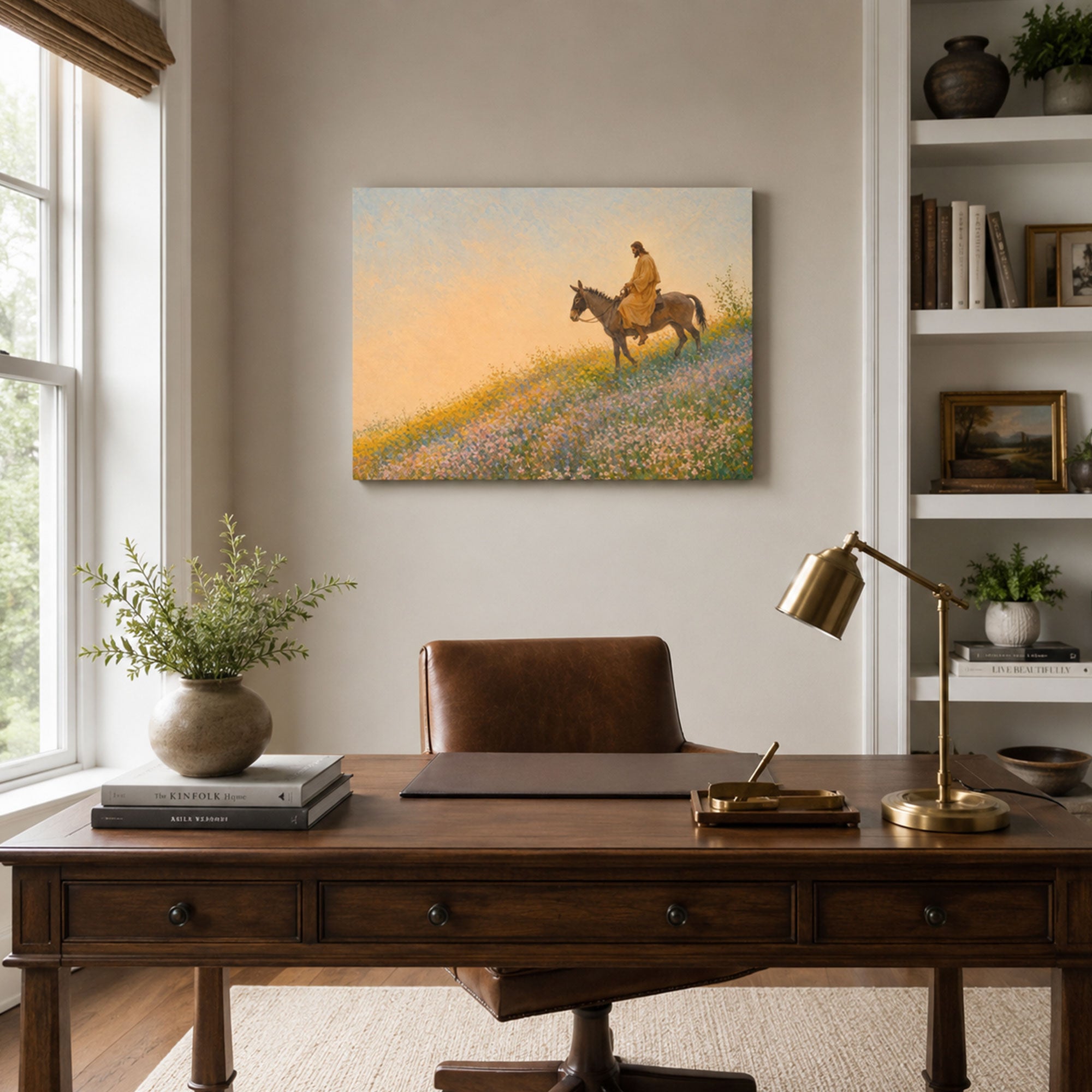 Jesus Riding a Donkey Through Wildflowers Canvas Print, Christian Faith Decor