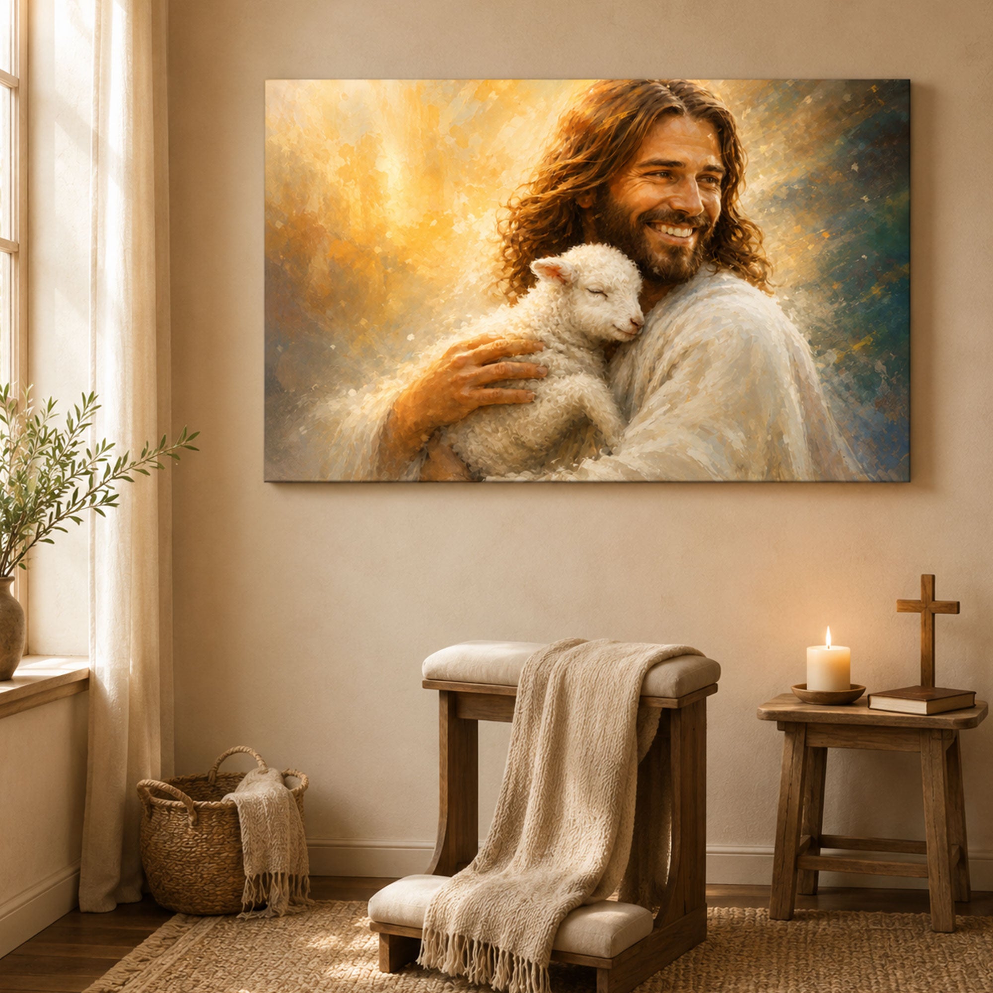 Smiling Jesus with Lamb Canvas Print, Good Shepherd Christian Wall Art, Peaceful Faith Home Decor
