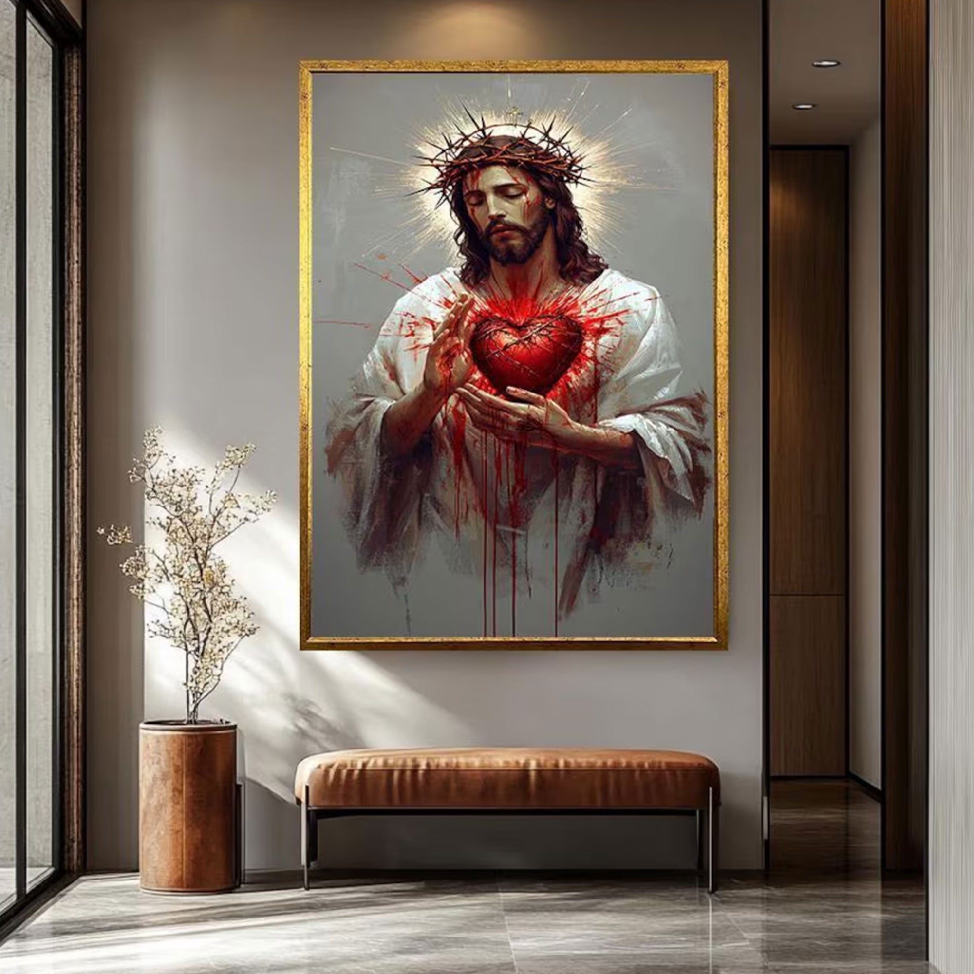 Sacred Heart Jesus Canvas Artwork, Christian Wall Decor, Emotional Religious Home Decoration