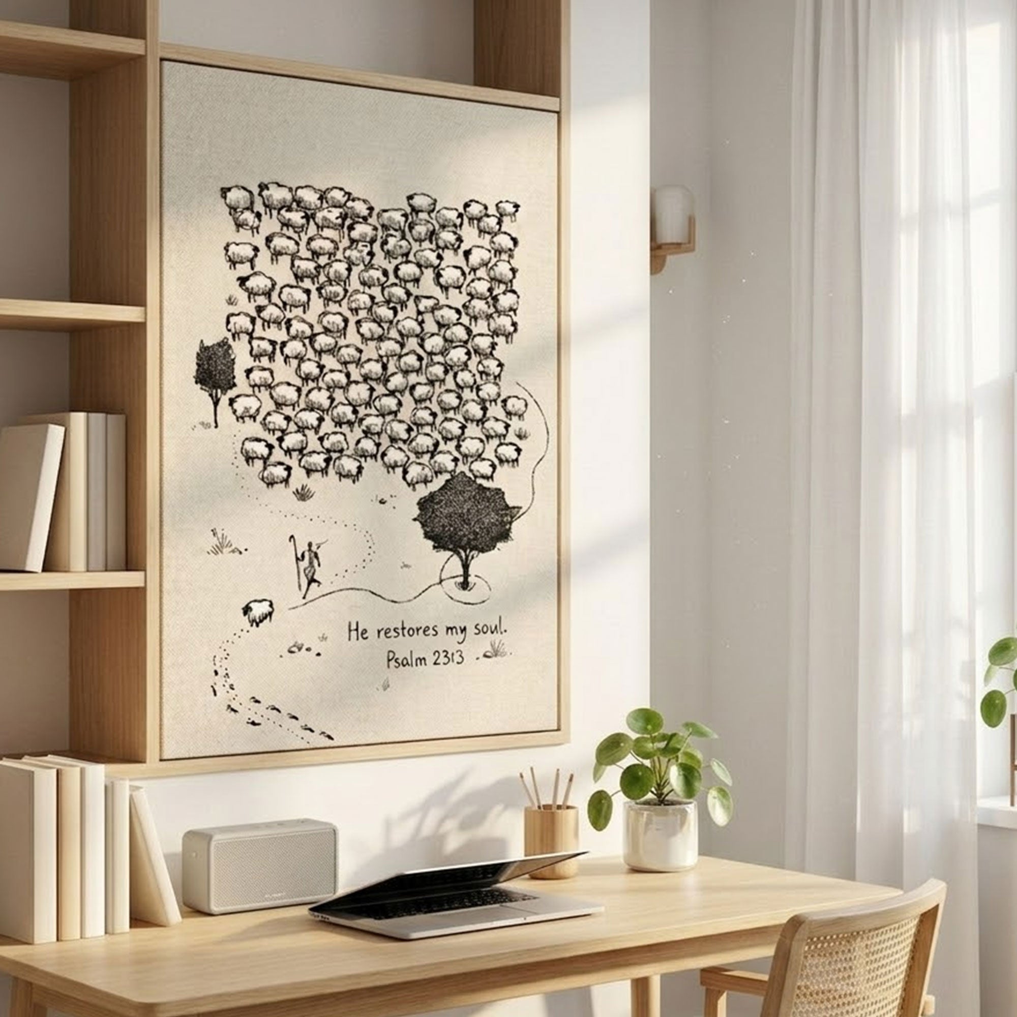 Psalm 23:3 Shepherd Canvas Print, He Restores My Soul Wall Art, Christian Sheep Illustration, Minimal Faith Decor