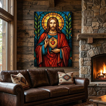 Sacred Heart of Jesus Canvas Print, Stained Glass Style Catholic Wall Art, Inspirational Faith Home Decor