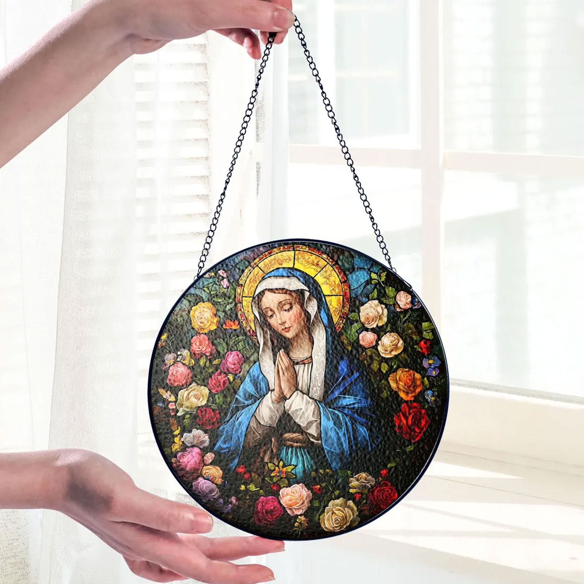 Virgin Mary Stained Glass Suncatcher, Holy Mother Catholic Window Hanging, Christian Decor Gift