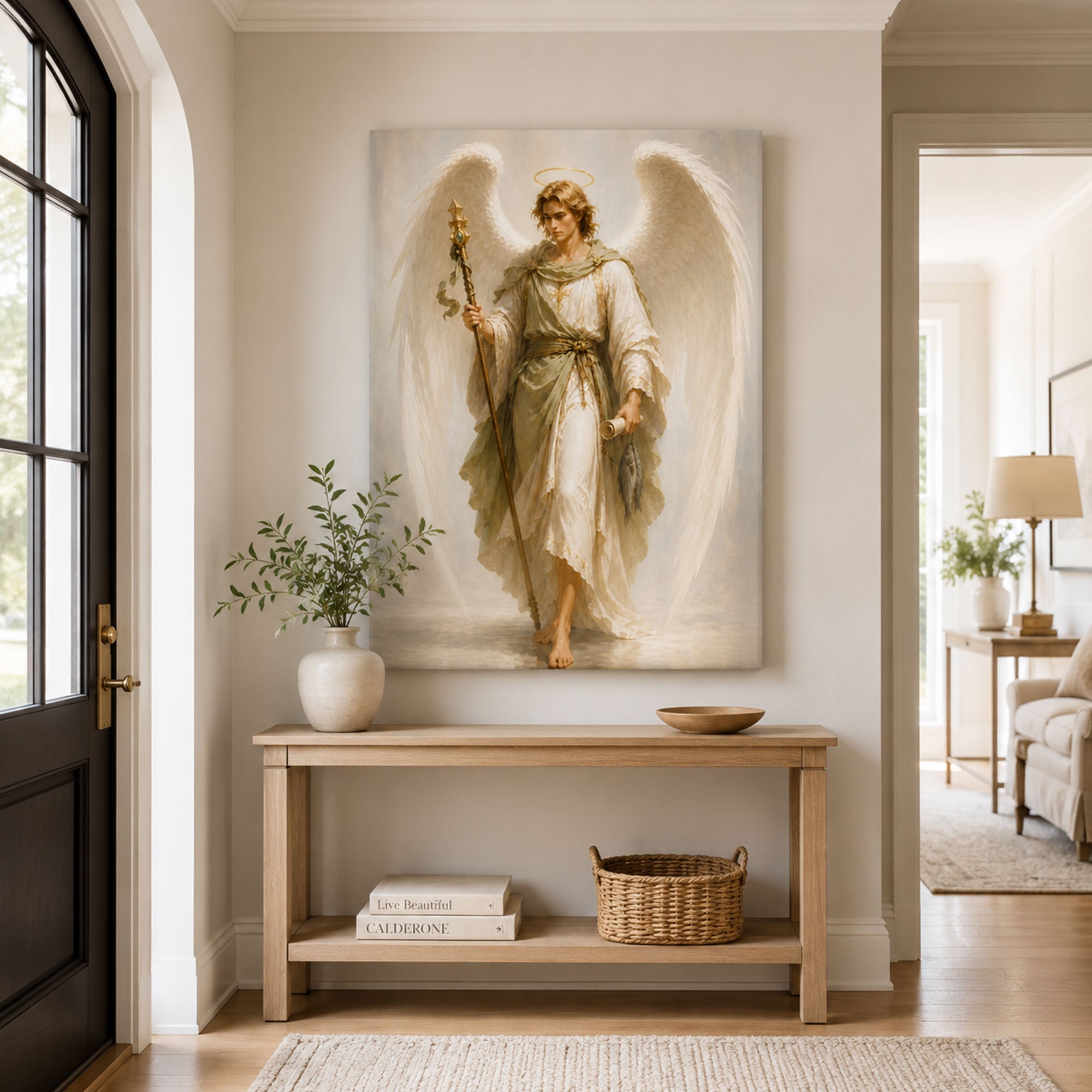 Saint Raphael Archangel Canvas Print, Catholic Healing Angel Wall Art, White and Gold Faith Home Decor Gift