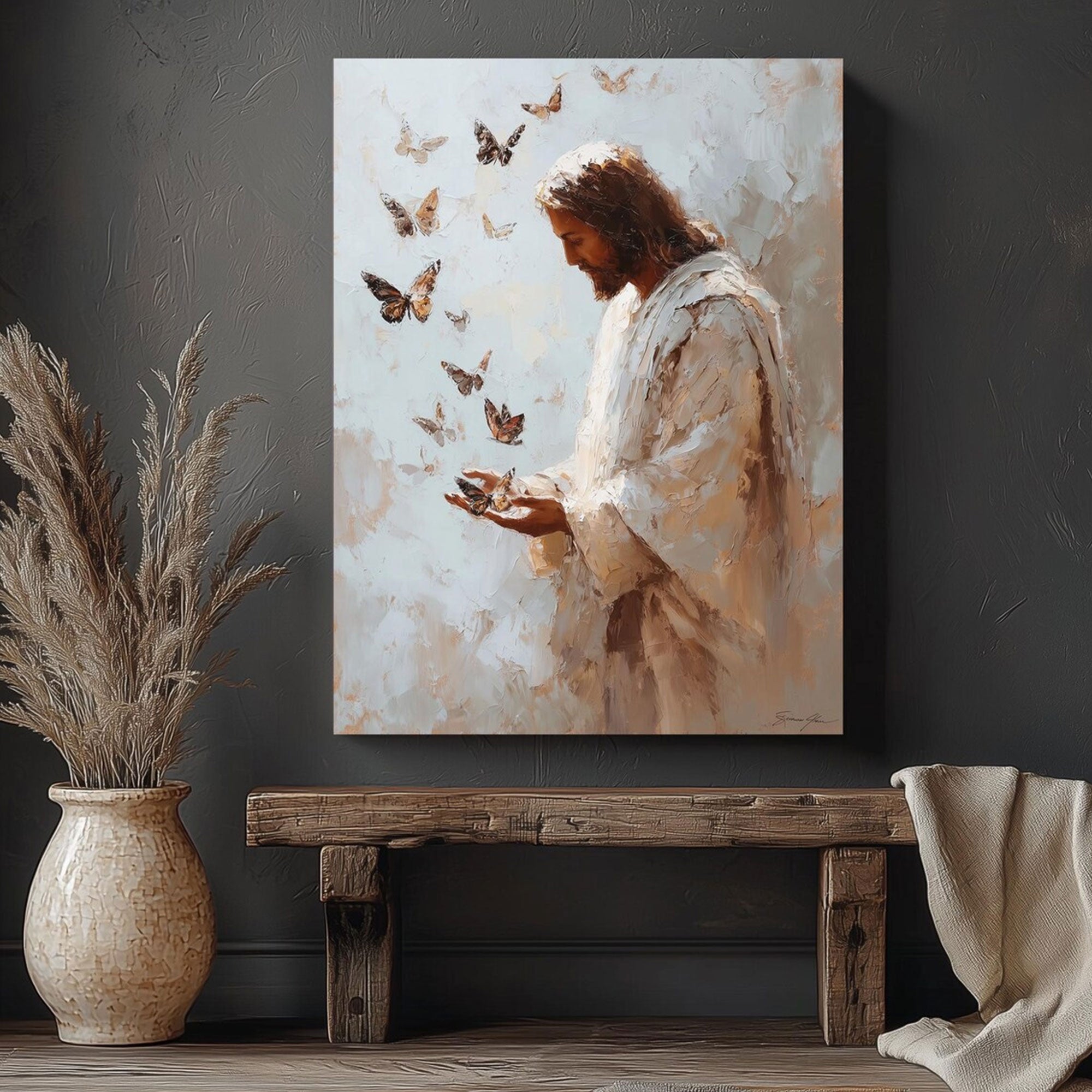 Jesus with Butterflies Canvas Print, Christian Inspirational Wall Art, Peaceful Faith Home Decor