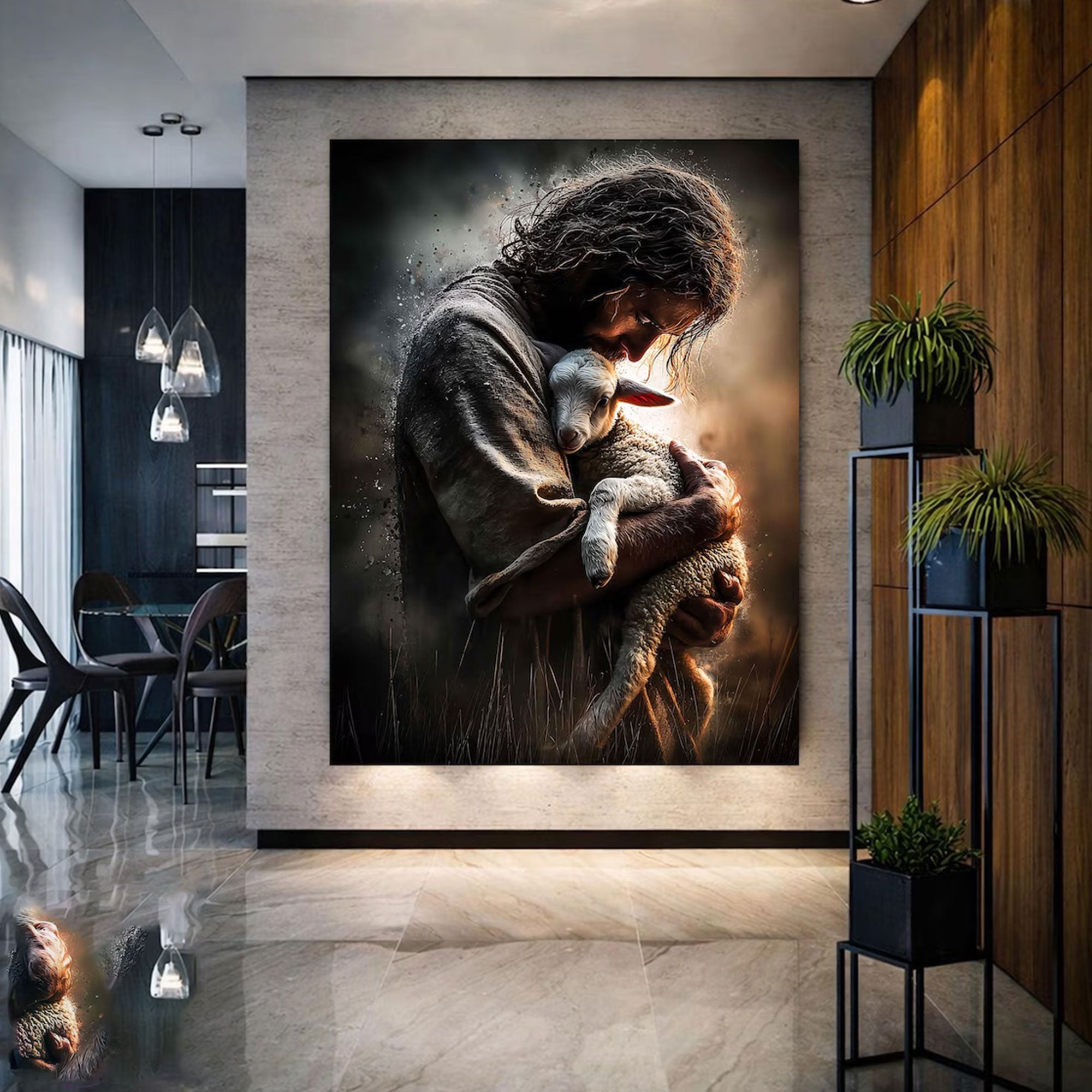Jesus Holding Lamb Canvas Print, Good Shepherd Christian Wall Art, Religious Home Decor