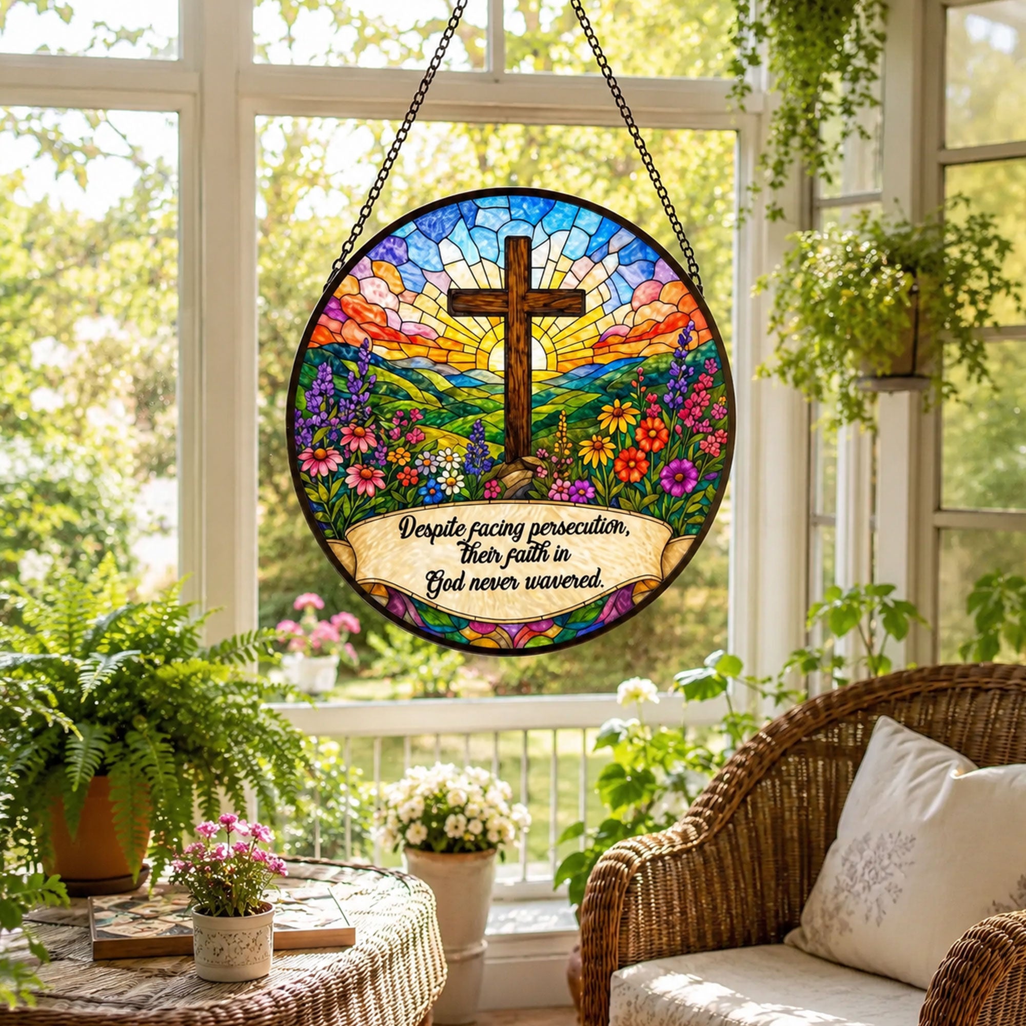Unwavering Faith Christian Cross Suncatcher, Despite Persecution Inspirational Window Hanging, Religious Gift