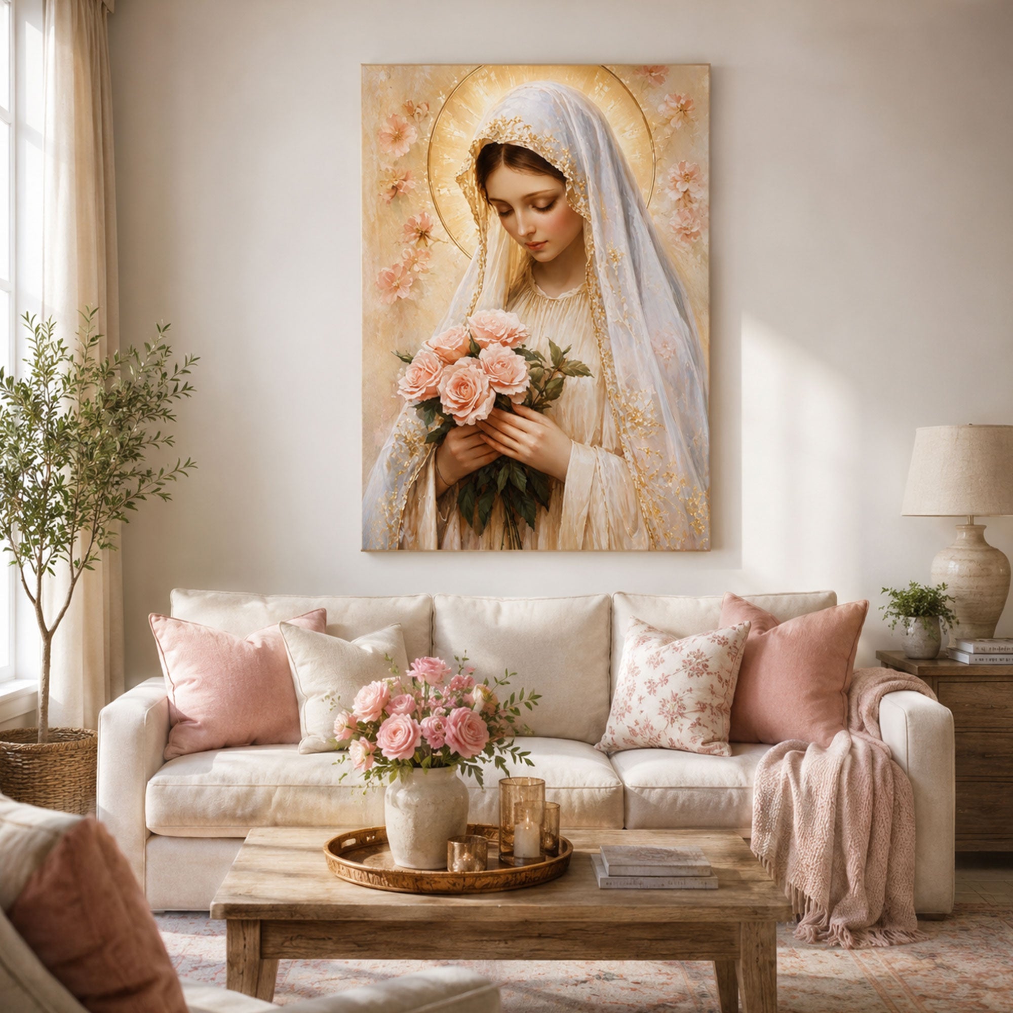 Virgin Mary with Roses Canvas Print, Catholic Wall Decor, Marian Faith Gift
