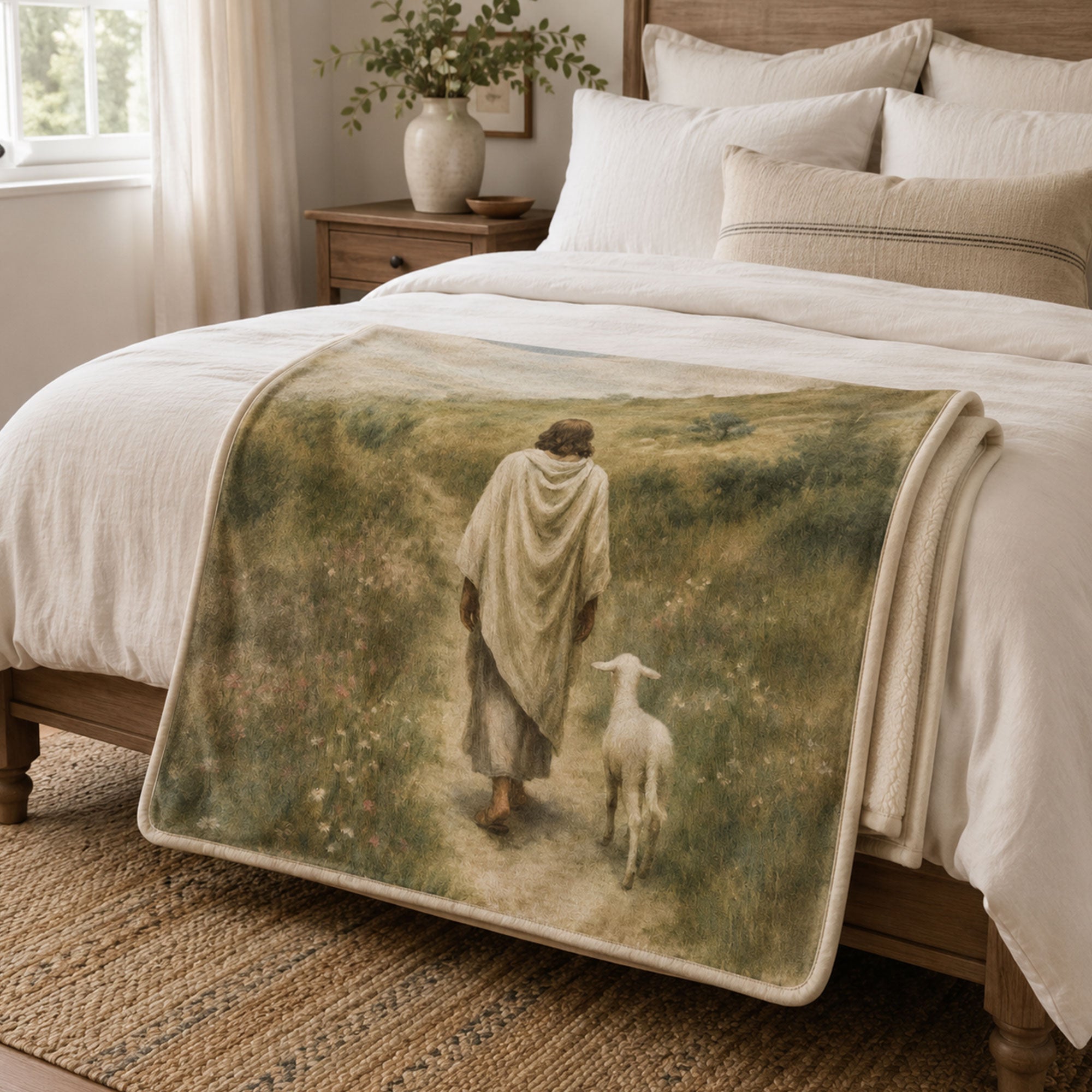 Jesus Walking with Lamb Fleece Blanket, Good Shepherd Christian Throw, Faith Gift for Believers