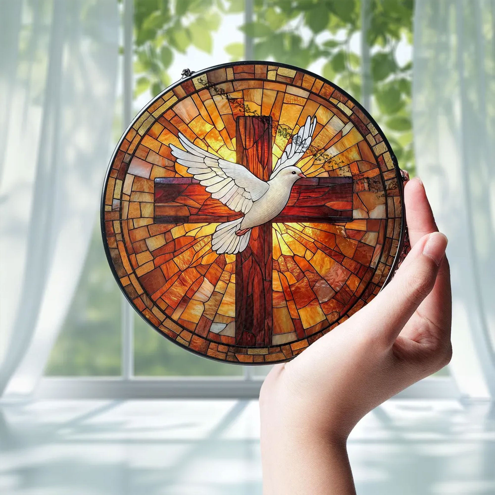 Holy Spirit Cross and Dove Stained Glass Suncatcher, Christian Window Hanging Decor, Religious Faith Gift