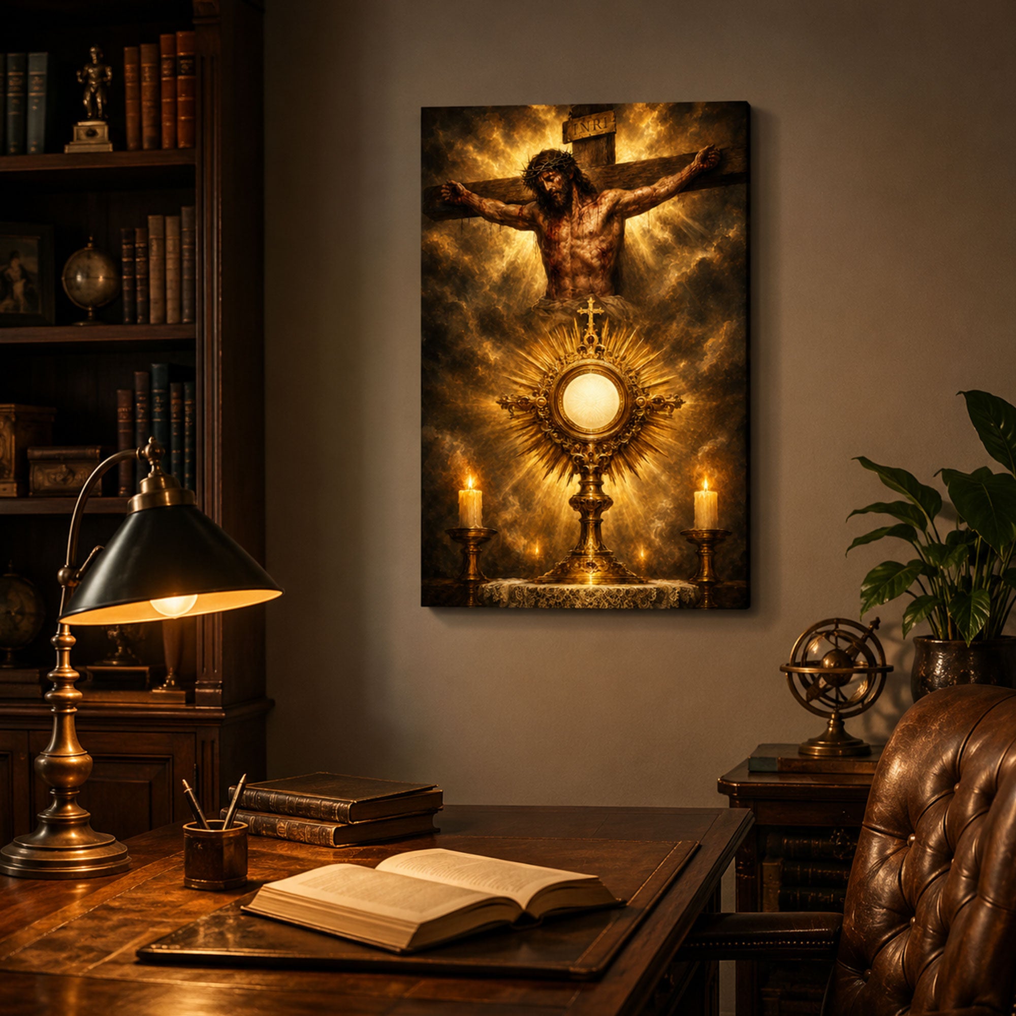 Jesus Crucifixion and Holy Eucharist Canvas Print, Blessed Sacrament Catholic Wall Art, Faith Home Decor Gift